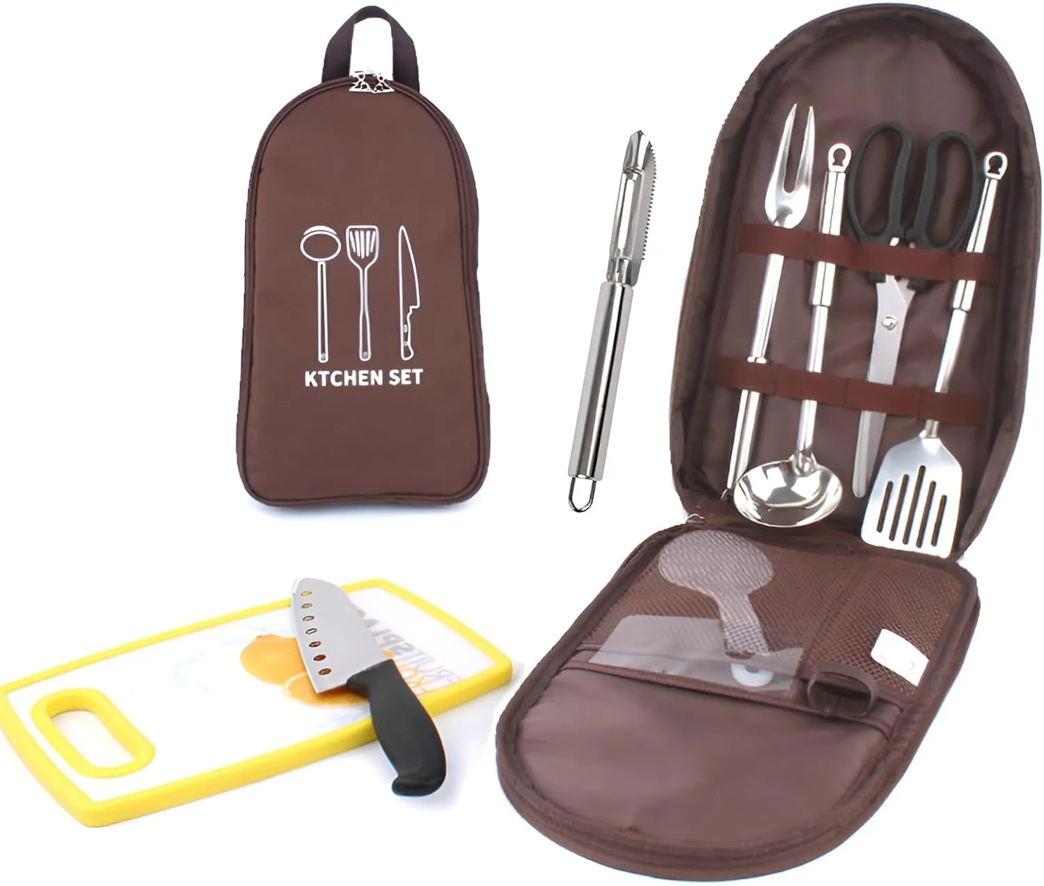 [Ellniges]【Camping Cookware Set Stainless Steel】9-Piece Portable Outdoor Cooking Utensils with Compact - Lightweight & for Hiking, Backpacking, Campfire Meals (5-6 People)
