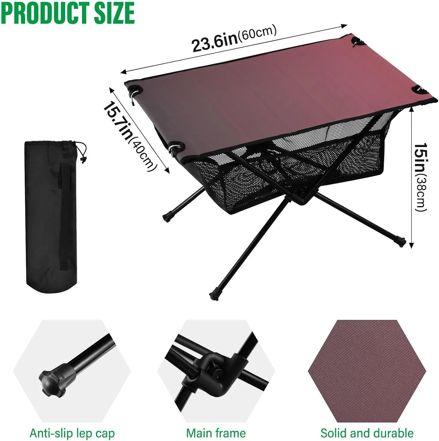 Emelivor Black Red Gradient Folding Camping Table Portable Beach Table with Carry Bag Small Camping Side Table for Camping Fishing Picnic Garden Outdoor