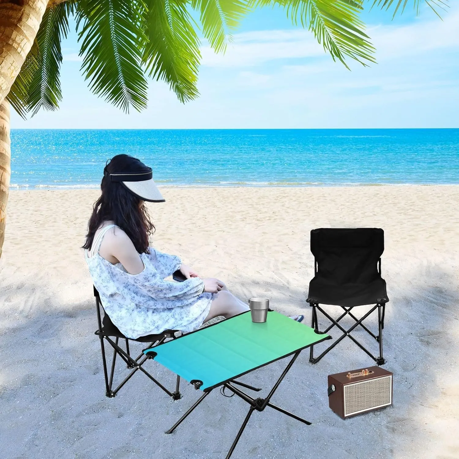 Emelivor Blue Gradient Folding Camping Table Portable Beach Table with Carry Bag Small Foldable Table for Picnic Outdoor Fishing Camping Travel