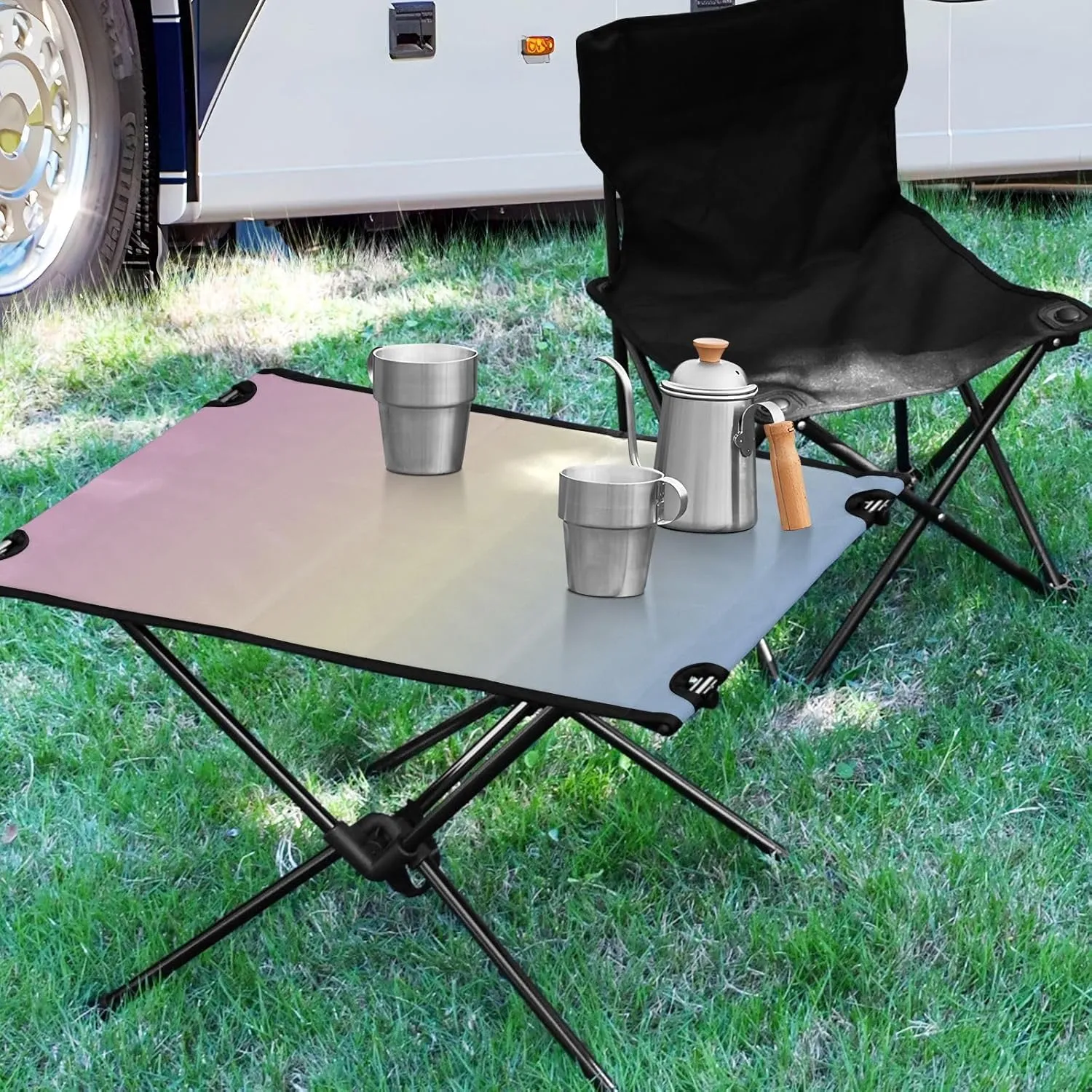 Emelivor Pink Blue Gradient Folding Camping Table Portable Beach Table with Carry Bag Small Camp Tables for Camping Picnic Garden Fishing Hiking