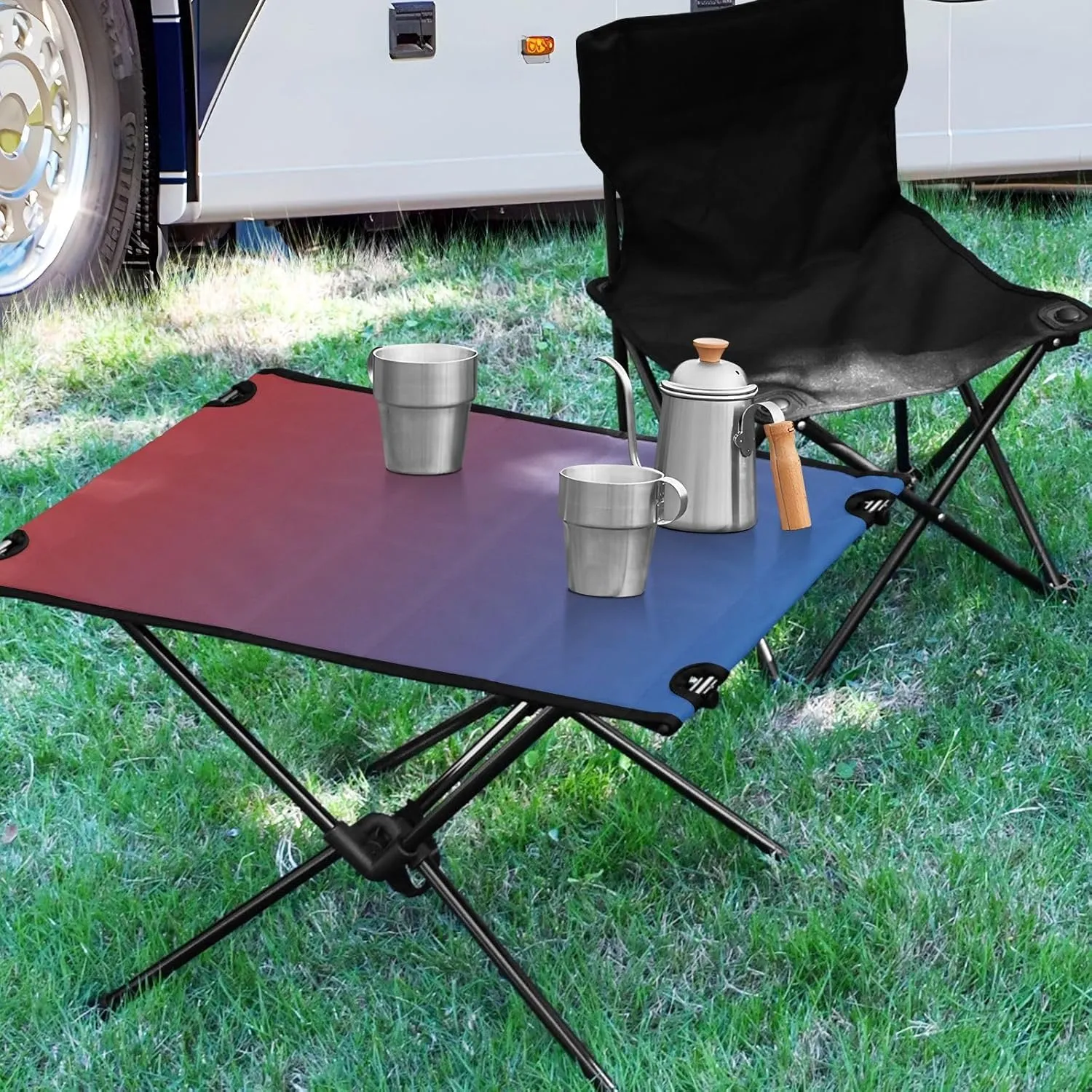 Emelivor Red Blue Gradient Folding Camping Table Portable Beach Table with Carry Bag Small Foldable Table for Camping Outdoor Picnic Travel Cooking