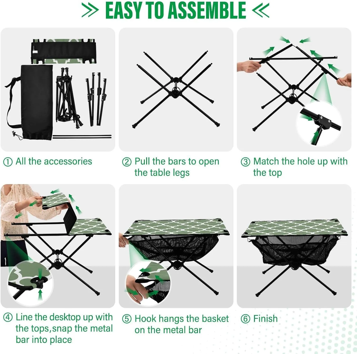 Emelivor Watercress Green Geometric Morocco Folding Camping Table Portable Beach Table with Carry Bag Small Card Table for Camping Hiking Fishing Garden Outdoor