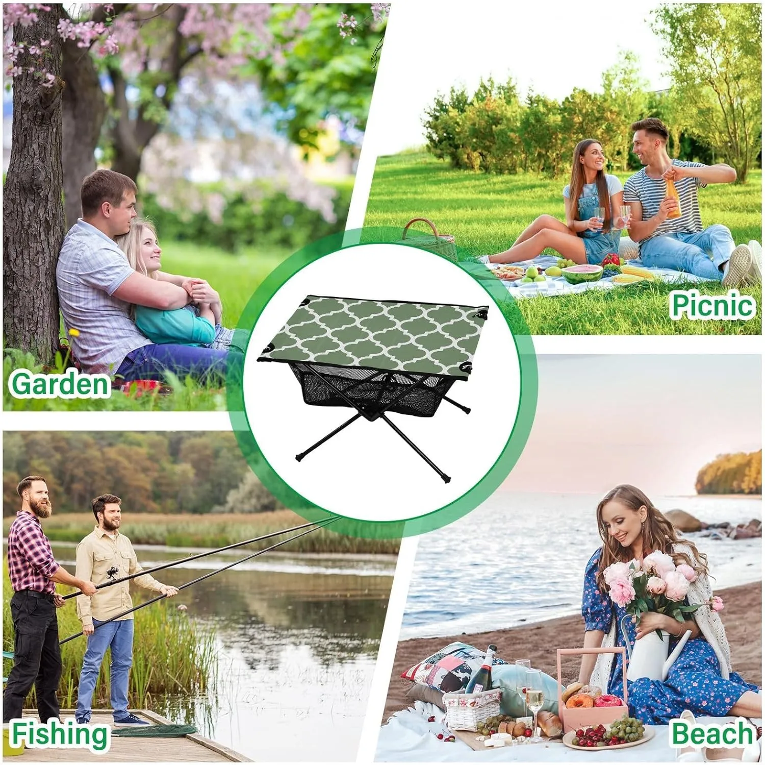 Emelivor Watercress Green Geometric Morocco Folding Camping Table Portable Beach Table with Carry Bag Small Card Table for Camping Hiking Fishing Garden Outdoor