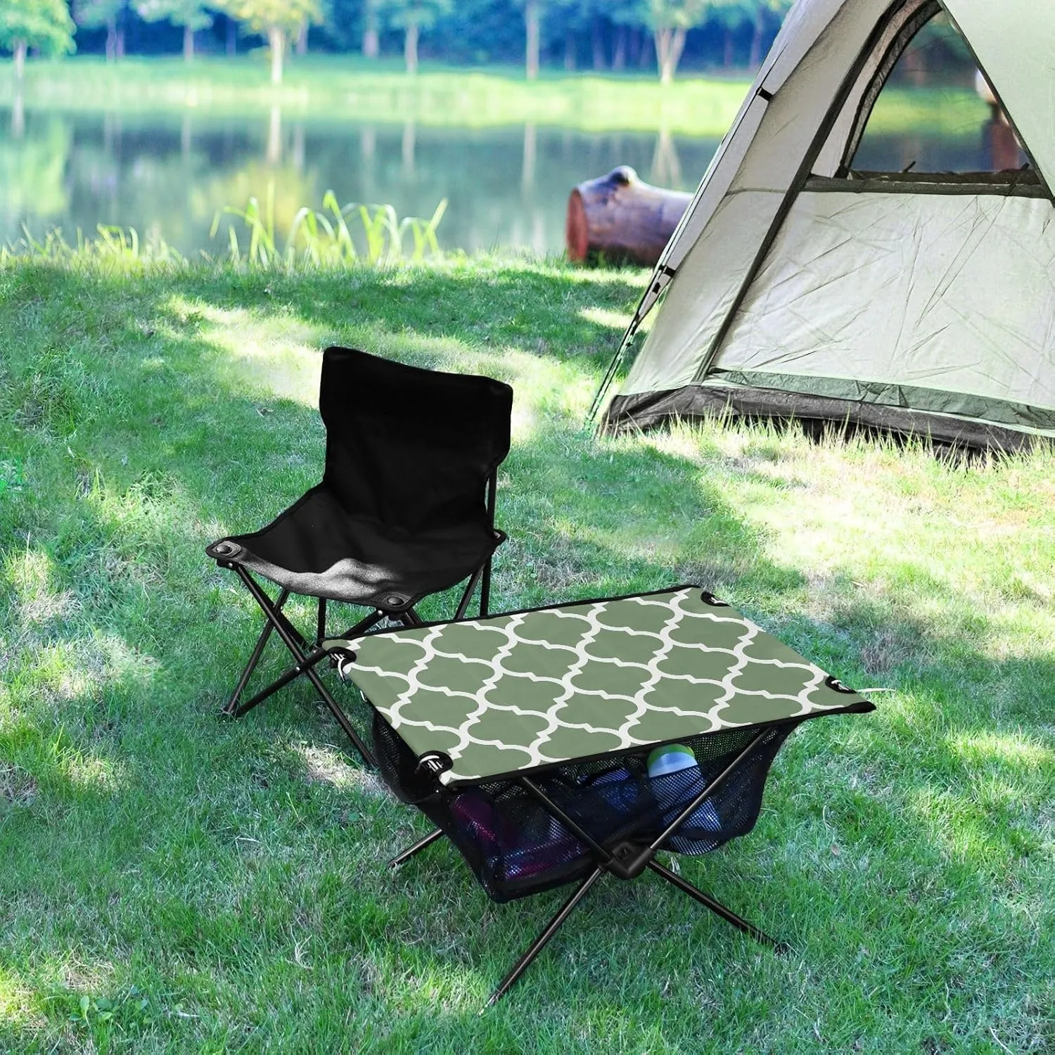 Emelivor Watercress Green Geometric Morocco Folding Camping Table Portable Beach Table with Carry Bag Small Card Table for Camping Hiking Fishing Garden Outdoor