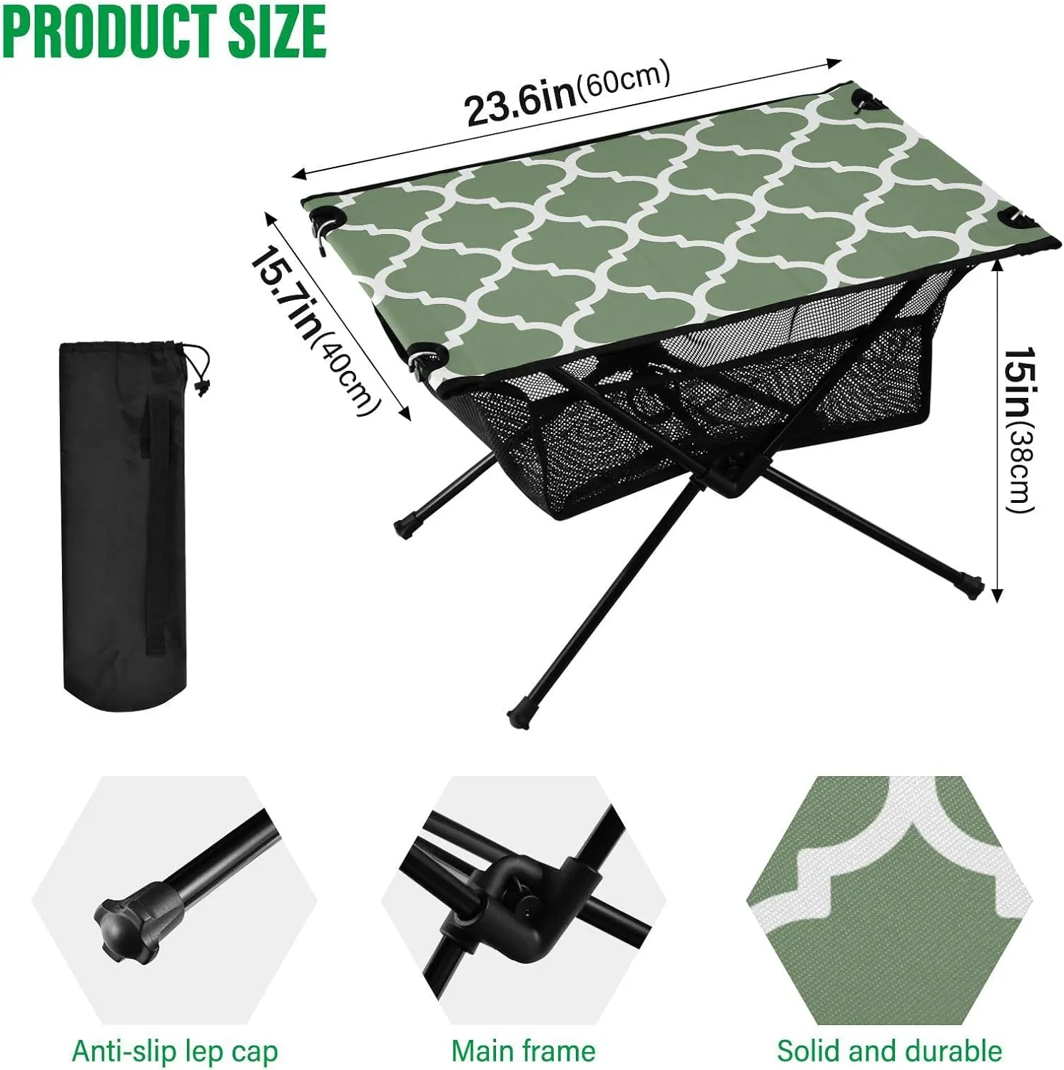 Emelivor Watercress Green Geometric Morocco Folding Camping Table Portable Beach Table with Carry Bag Small Card Table for Camping Hiking Fishing Garden Outdoor