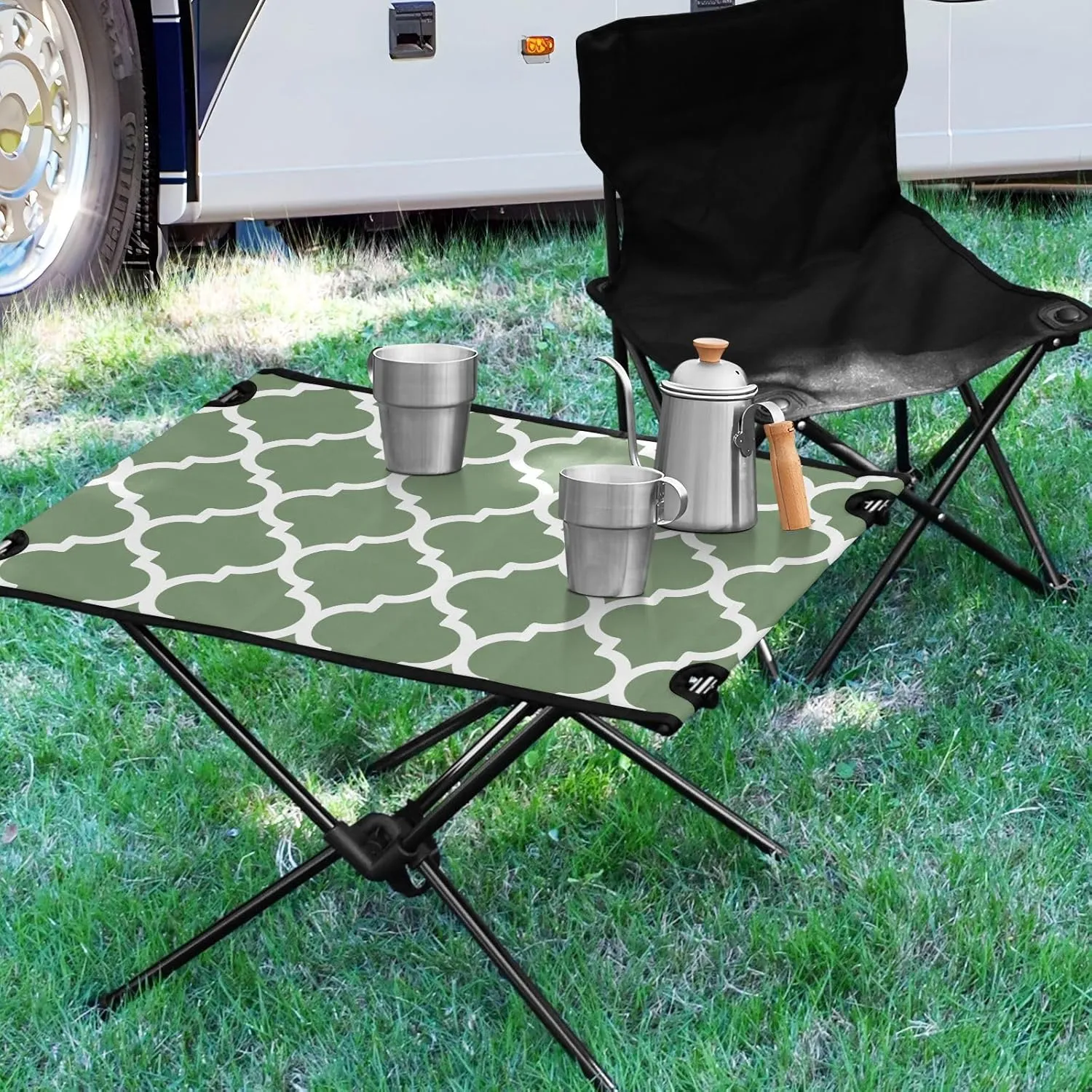 Emelivor Watercress Green Geometric Morocco Folding Camping Table Portable Beach Table with Carry Bag Small Card Table for Camping Hiking Fishing Garden Outdoor