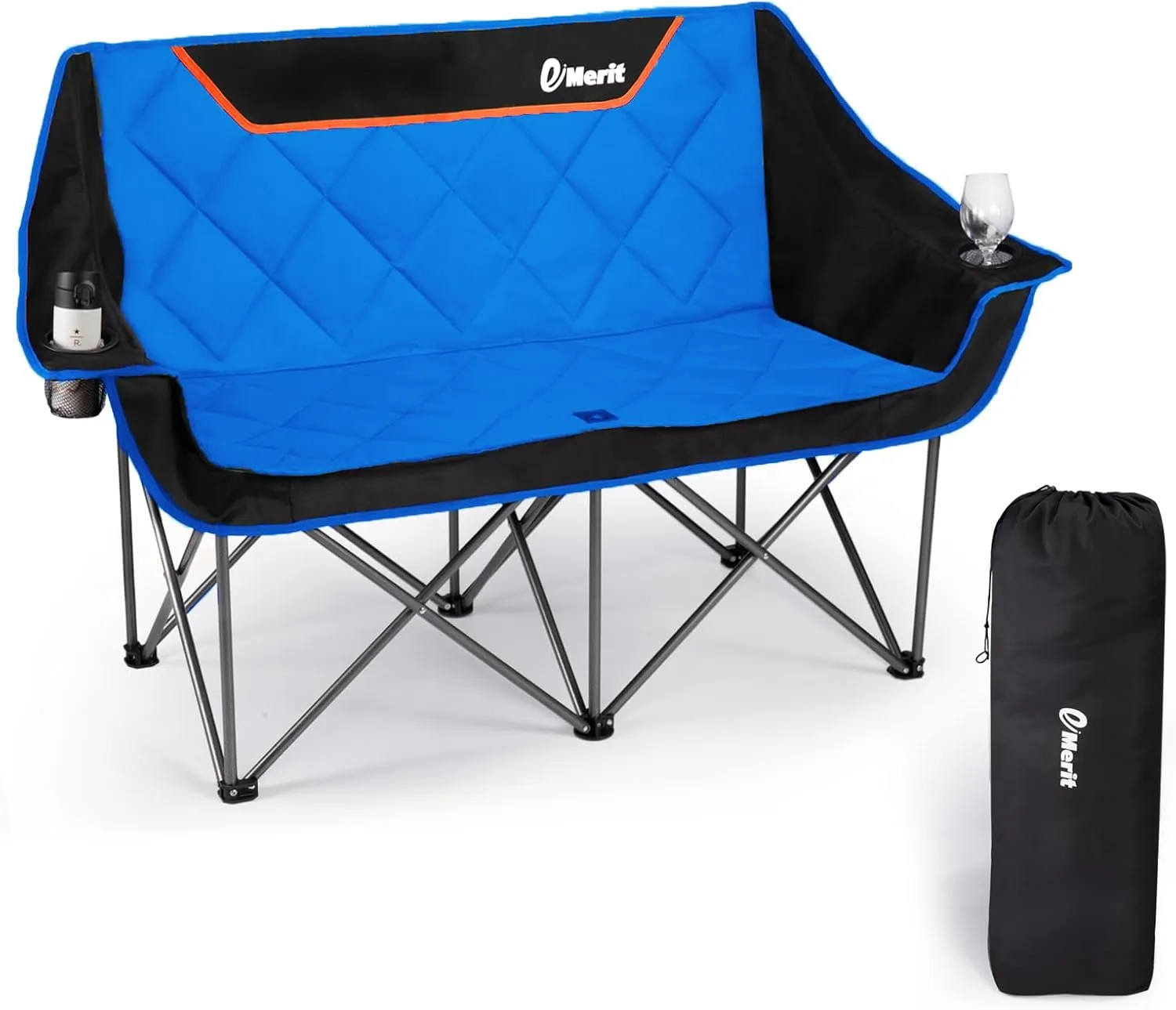 EMERIT Oversized Double Duo Camping Chair Folding Camping Loveseat 2 Person Camping Couch Heavy Duty Lawn Chairs for Outside with Padded Seats & Armrests-Support 650LBS