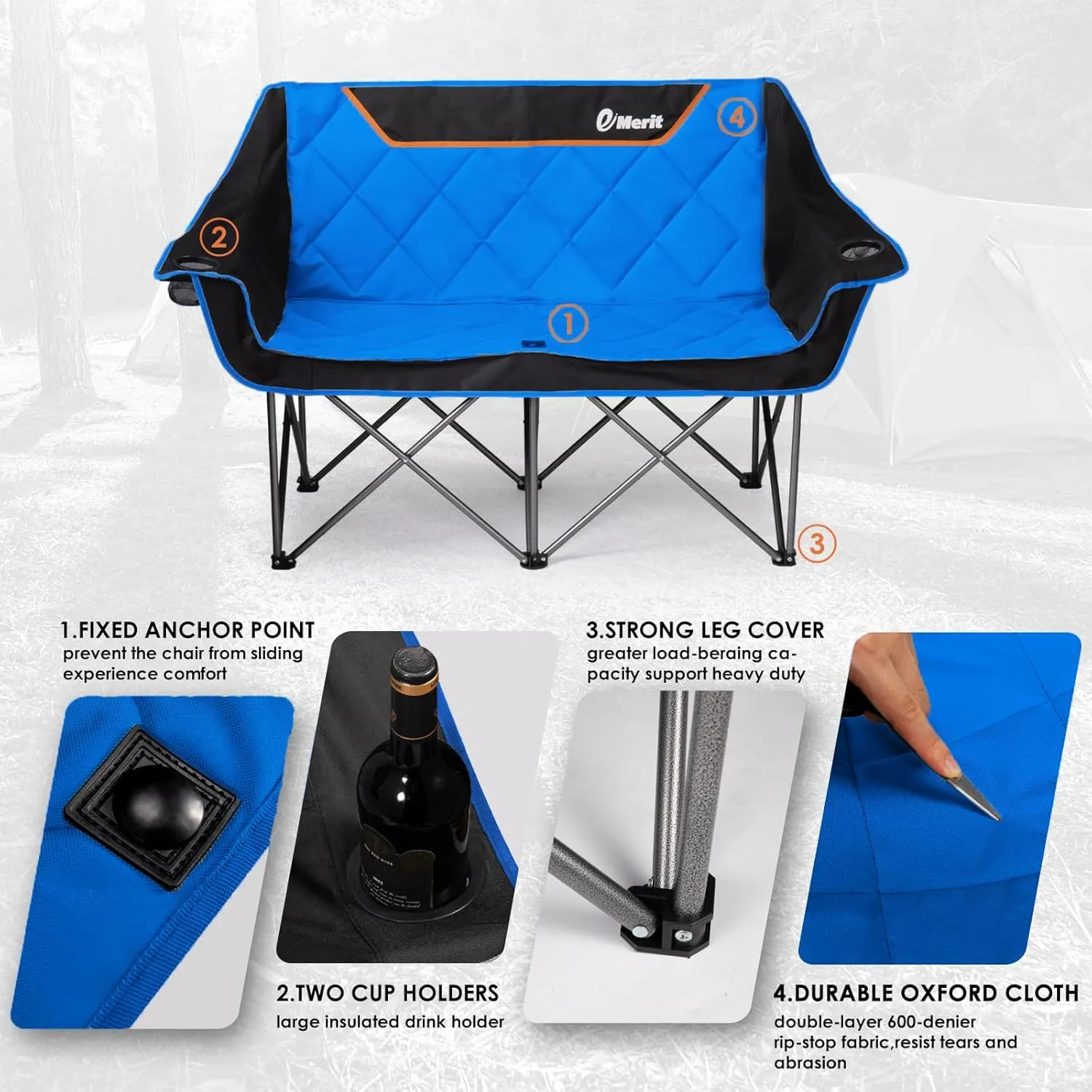 EMERIT Oversized Double Duo Camping Chair Folding Camping Loveseat 2 Person Camping Couch Heavy Duty Lawn Chairs for Outside with Padded Seats & Armrests-Support 650LBS