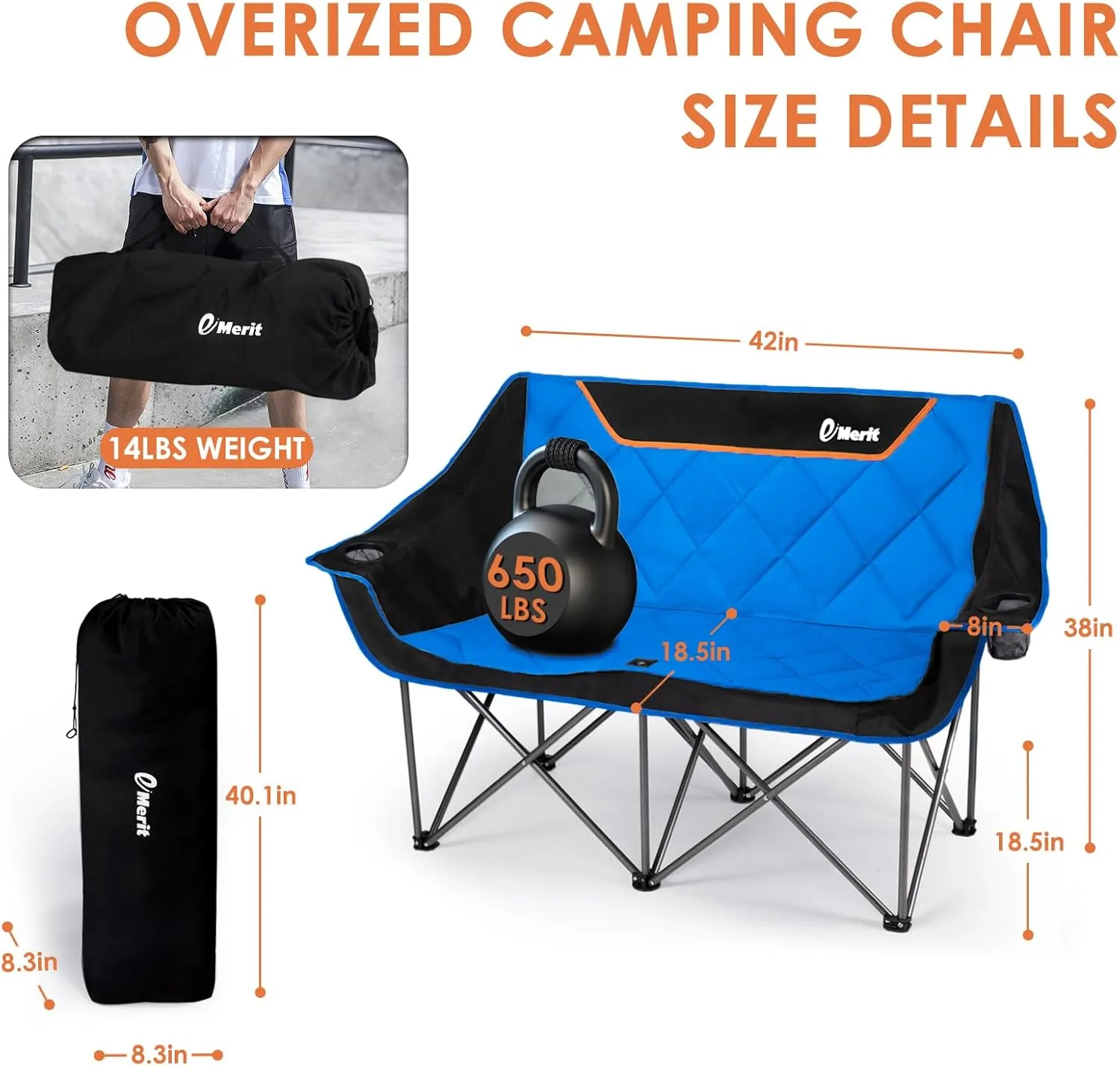 EMERIT Oversized Double Duo Camping Chair Folding Camping Loveseat 2 Person Camping Couch Heavy Duty Lawn Chairs for Outside with Padded Seats & Armrests-Support 650LBS