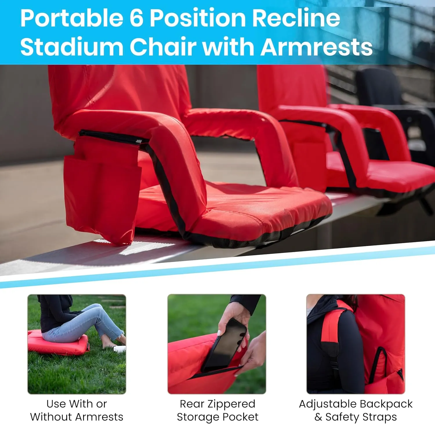 EMMA   OLIVER Portable Stadium Chair with Armrests, Reclining Padded Back & Seat, Lightweight Metal Frame & Backpack Straps, Storage Pockets