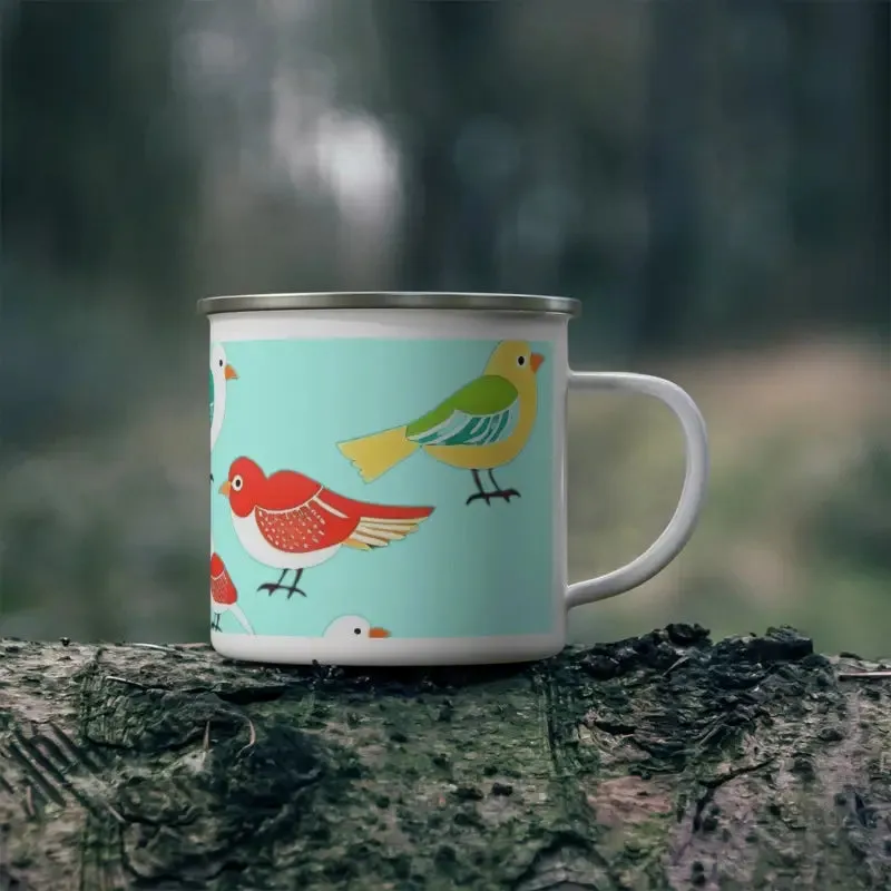 Enamel Camping Mug with Birds for Outdoor Fun