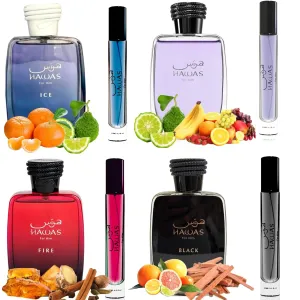 Equivalence HAWAS 4 Pieces Set Eau De Parfum Spray for MEN edition travel Size BUNDLE 0.34 Ounce HAWAS  ICE   FIRE  BLACK, LARGE BOTTLES NOT INCLUDED It is only a reference