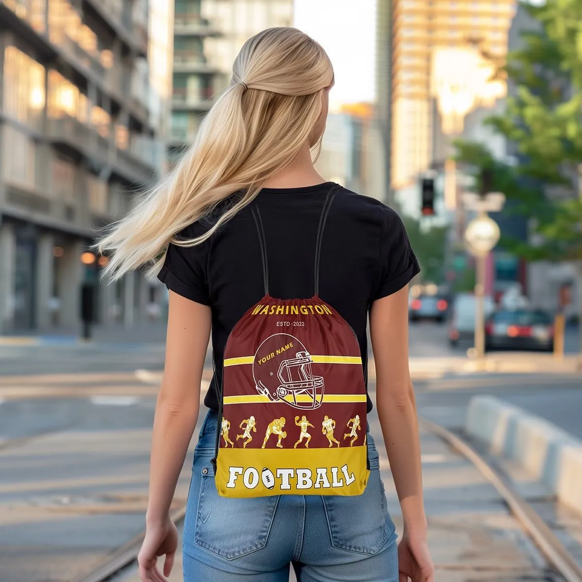 Erosebridal Customized 13 x 15.7 Football Drawstring Backpack,American Football Drawstring Bag for Men,Red Yellow Sports Draw String Back Bag,Rugby City Team String Backpack