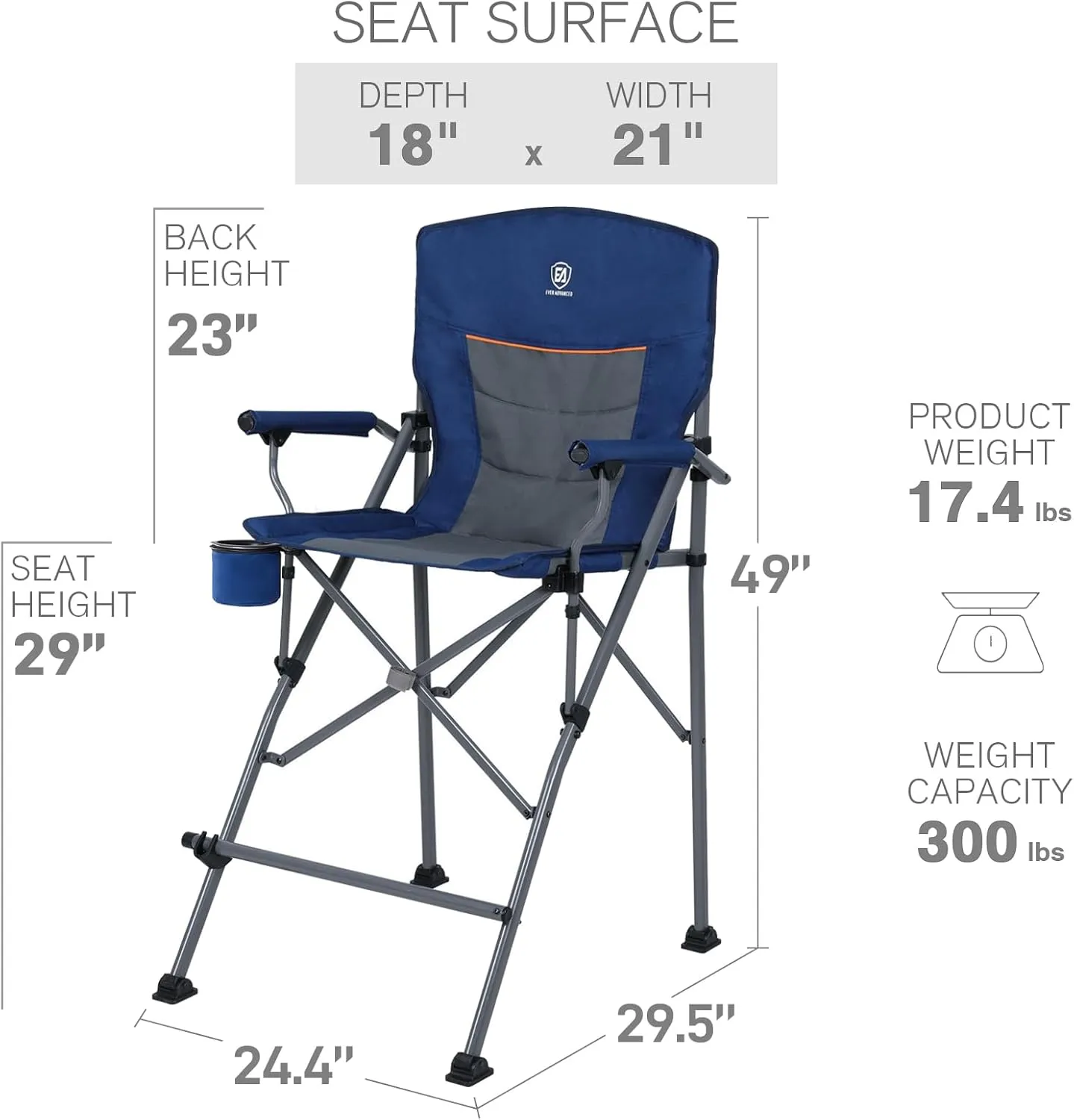 EVER ADVANCED Tall Directors Chair with Cup Holder 31", Bar Height Folding Chair for Camping, Sports with Carry Bag, Mesh Pockets and Footrest, Heavy Duty 300 lbs, Blue