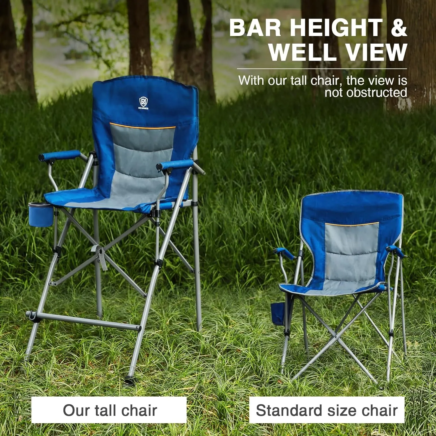 EVER ADVANCED Tall Directors Chair with Cup Holder 31", Bar Height Folding Chair for Camping, Sports with Carry Bag, Mesh Pockets and Footrest, Heavy Duty 300 lbs, Blue