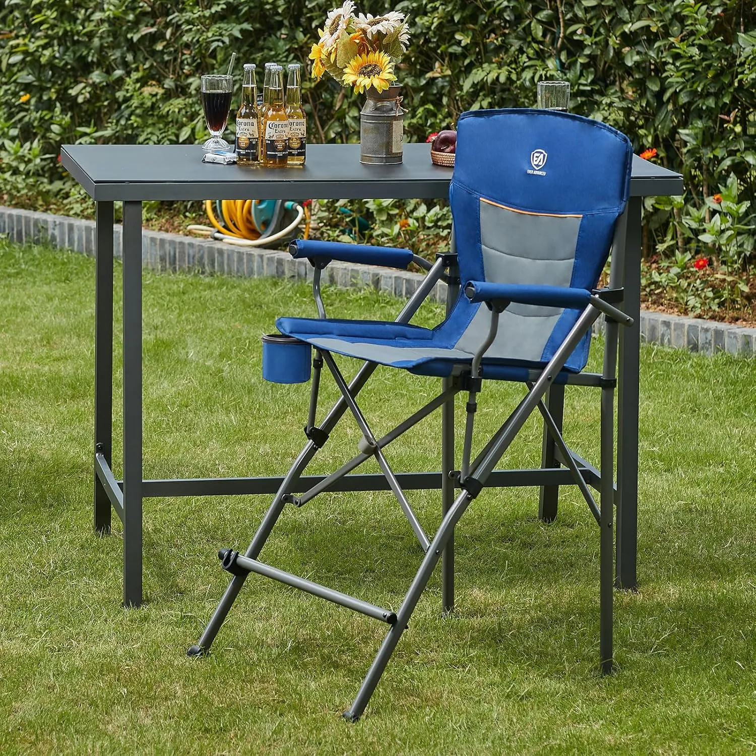 EVER ADVANCED Tall Directors Chair with Cup Holder 31", Bar Height Folding Chair for Camping, Sports with Carry Bag, Mesh Pockets and Footrest, Heavy Duty 300 lbs, Blue