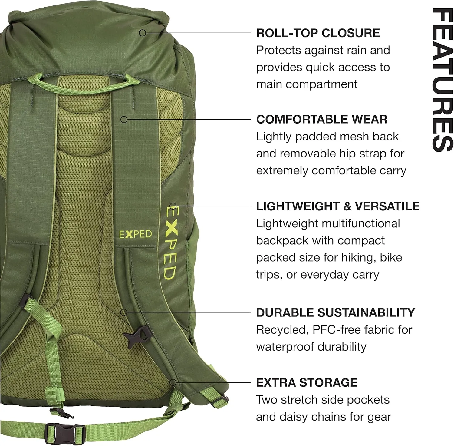 Exped Typhoon 25 Backpack - Waterproof Lightweight Multifunctional Roll-Top Travel Daypack with Compact Packed Size, Forest Green, 25L
