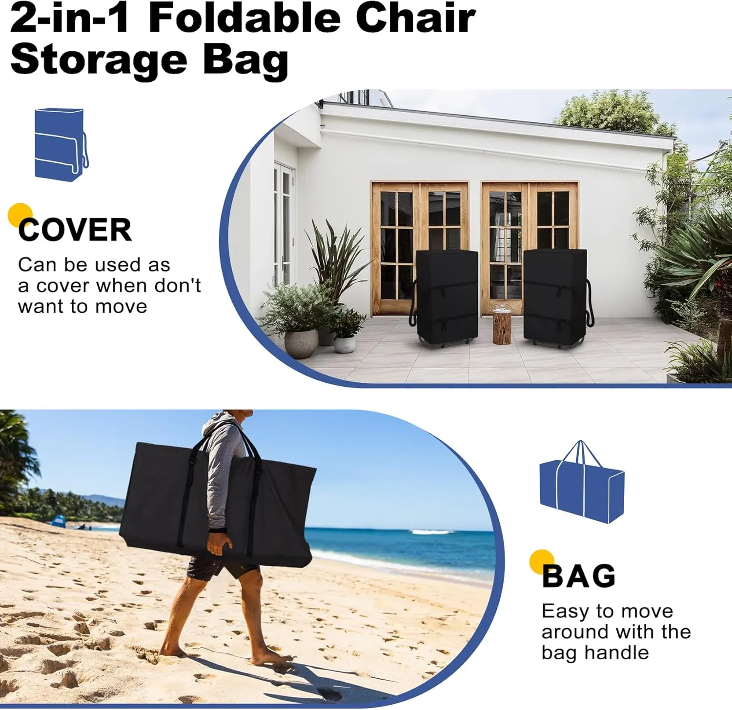 Explore Land 2-in-1 Folding Chair Carring Bag - 900D Furniture Cover for Zero Gravity/Plastic/Resin/Wood Foldable Chairs(39"L x12"W x 20"H, Black)