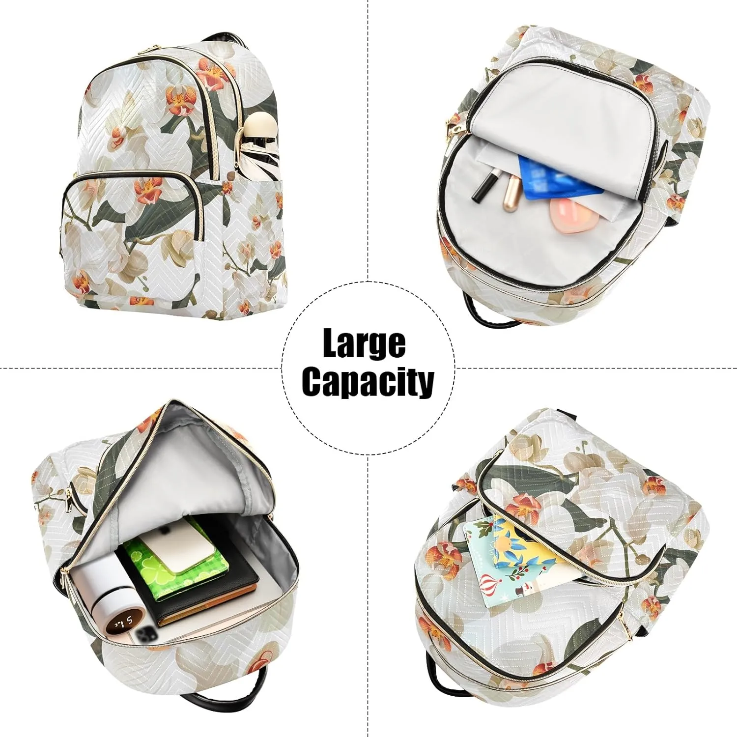 Exquisite Orchids White Campus Backpack Purse Bookbag Quilted Backpack for Women 13" Laptop Backpack Stylish Printed Rucksack with Multiple Pockets Lightweight Travel