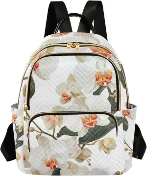 Exquisite Orchids White Campus Backpack Purse Bookbag Quilted Backpack for Women 13" Laptop Backpack Stylish Printed Rucksack with Multiple Pockets Lightweight Travel