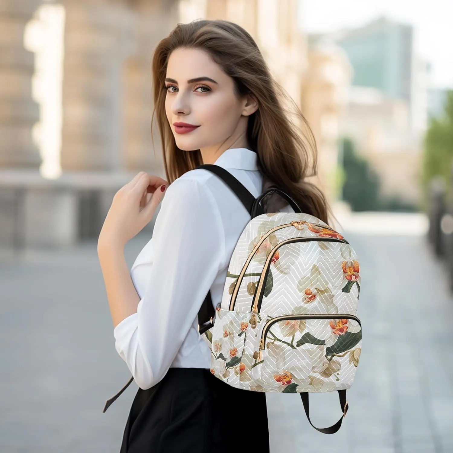 Exquisite Orchids White Campus Backpack Purse Bookbag Quilted Backpack for Women 13" Laptop Backpack Stylish Printed Rucksack with Multiple Pockets Lightweight Travel