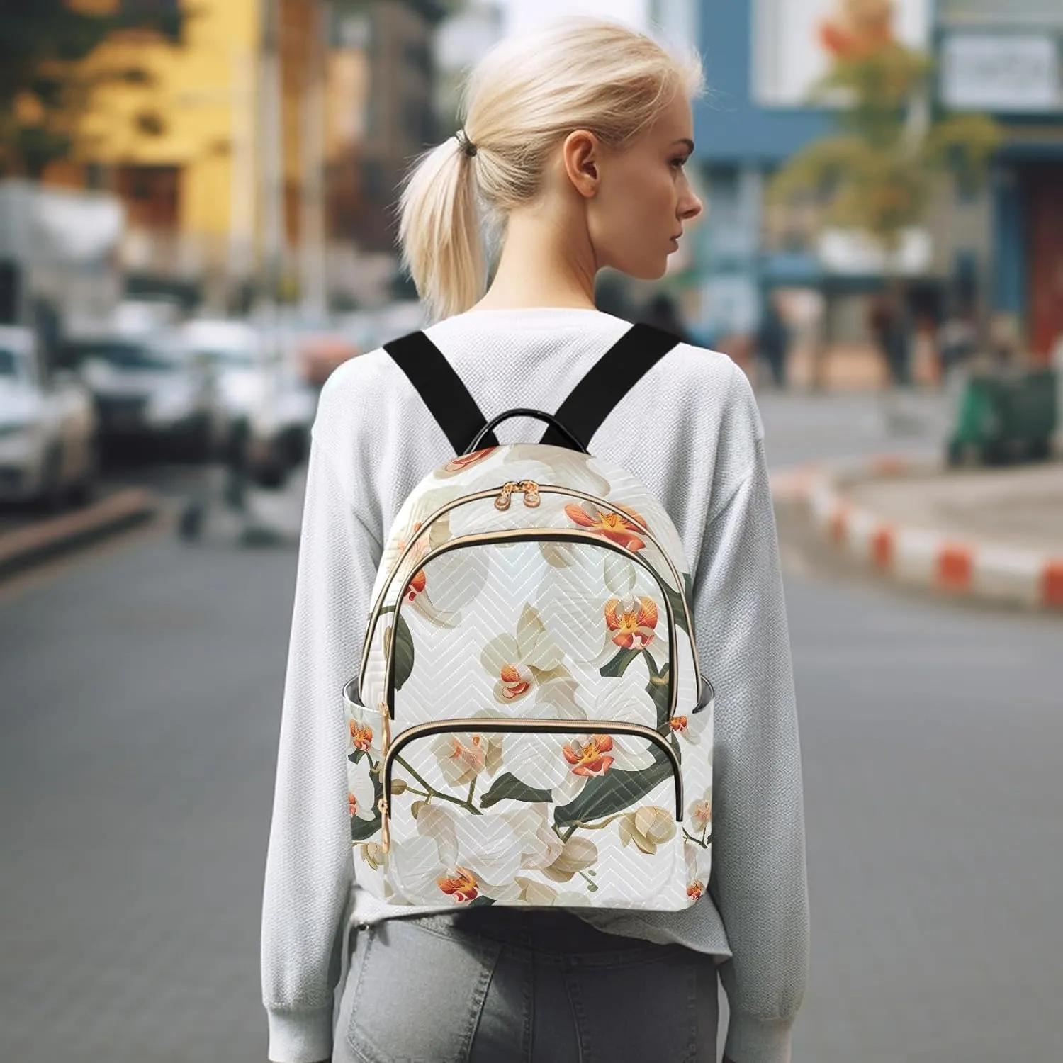 Exquisite Orchids White Campus Backpack Purse Bookbag Quilted Backpack for Women 13" Laptop Backpack Stylish Printed Rucksack with Multiple Pockets Lightweight Travel