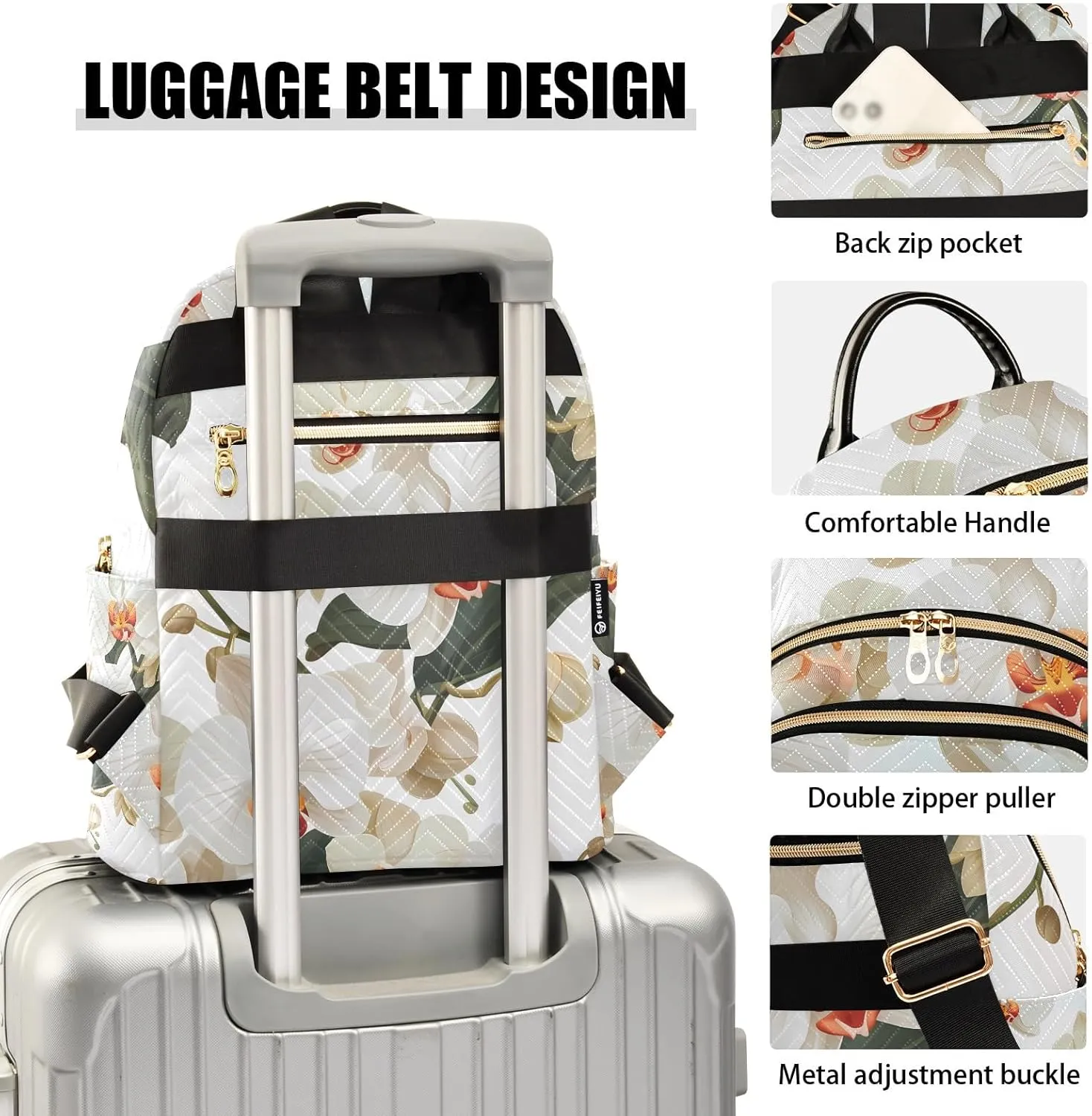 Exquisite Orchids White Campus Backpack Purse Bookbag Quilted Backpack for Women 13" Laptop Backpack Stylish Printed Rucksack with Multiple Pockets Lightweight Travel
