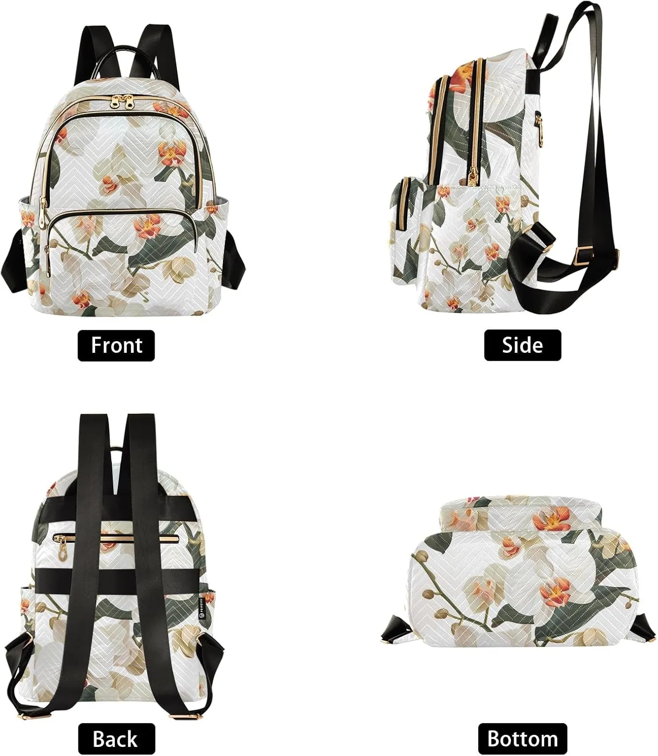 Exquisite Orchids White Campus Backpack Purse Bookbag Quilted Backpack for Women 13" Laptop Backpack Stylish Printed Rucksack with Multiple Pockets Lightweight Travel