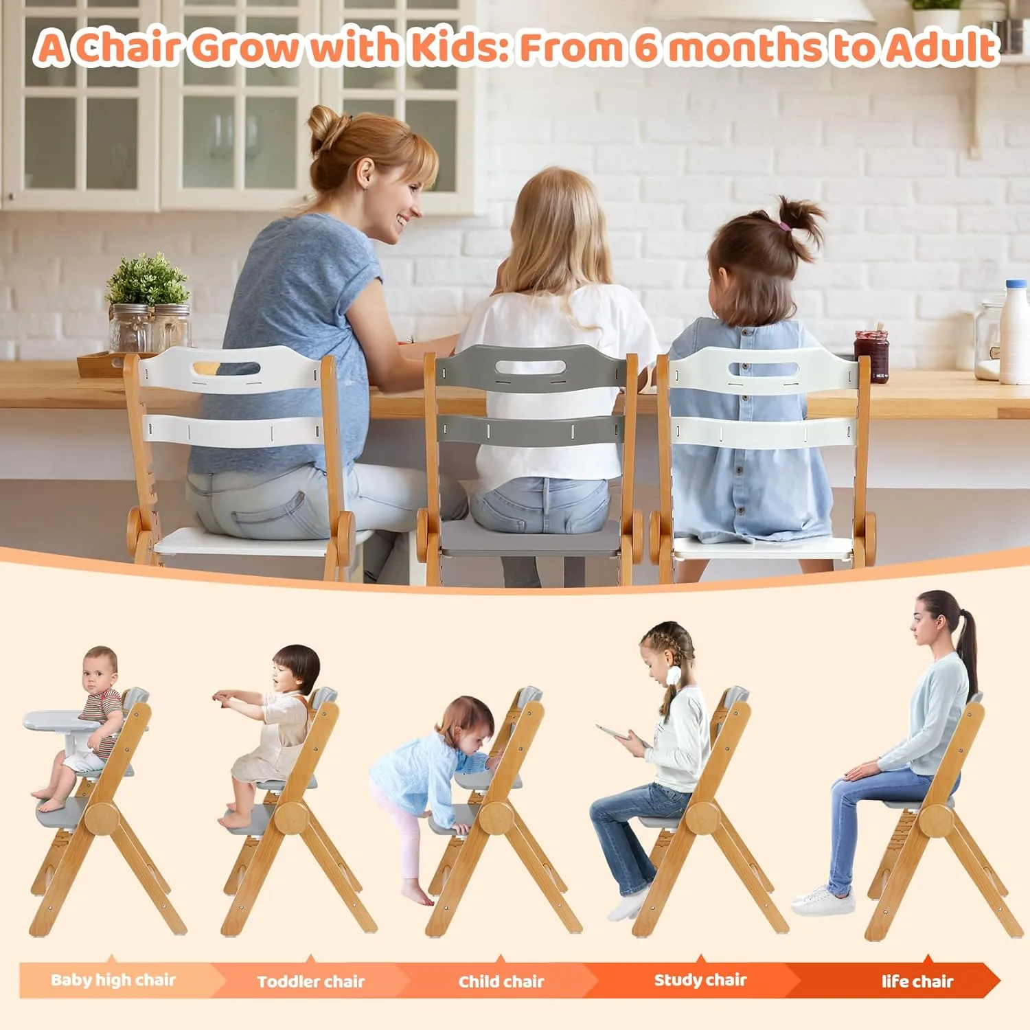 Ezebaby Wooden High Chair Grow with Your Child, Foldable Baby High Chair with Adjustable Seat and Footrest Heights, High Chair for Babies and Toddlers with Cushion and Large Double Layer Tray(Grey)