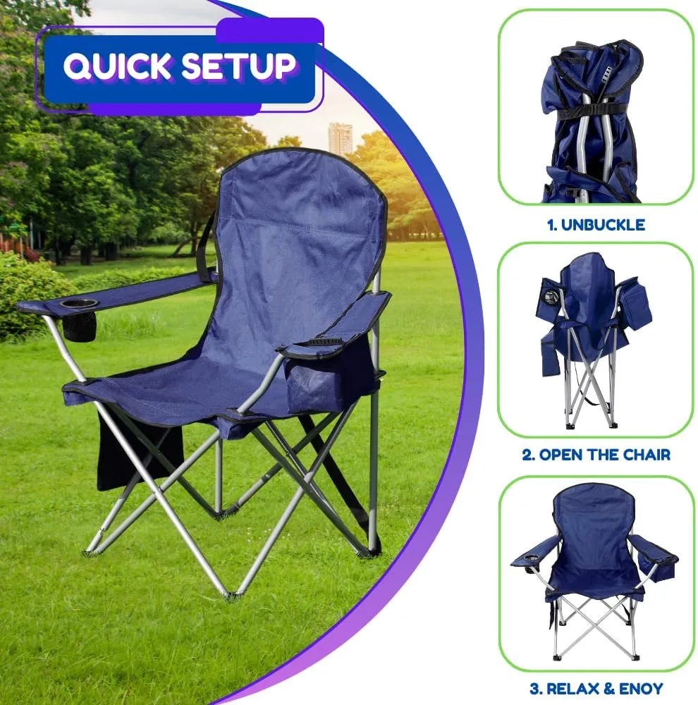 EZONE Set of 2 Camping Chairs with Built-in Ice Cooler, Portable Chair, Storage Pocket, Cup Holder, and Carry Bag Perfect for Camping, Tailgating, Fishing, Beach, and Lawn (2, Navy)
