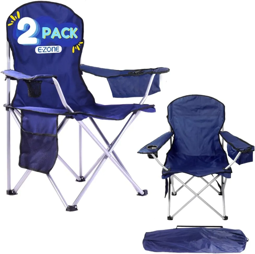 EZONE Set of 2 Camping Chairs with Built-in Ice Cooler, Portable Chair, Storage Pocket, Cup Holder, and Carry Bag Perfect for Camping, Tailgating, Fishing, Beach, and Lawn (2, Navy)