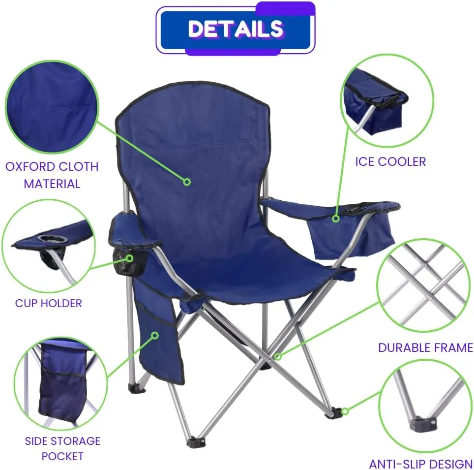 EZONE Set of 2 Camping Chairs with Built-in Ice Cooler, Portable Chair, Storage Pocket, Cup Holder, and Carry Bag Perfect for Camping, Tailgating, Fishing, Beach, and Lawn (2, Navy)