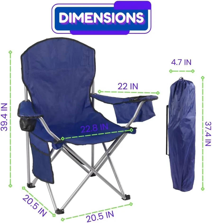 EZONE Set of 2 Camping Chairs with Built-in Ice Cooler, Portable Chair, Storage Pocket, Cup Holder, and Carry Bag Perfect for Camping, Tailgating, Fishing, Beach, and Lawn (2, Navy)