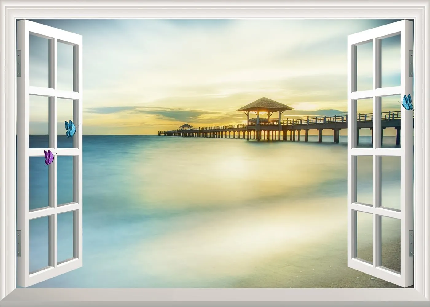 Fake Window Wall Mural Sticker Sunset Mexico Beach Decal Faux Window Poster Picture Office Wall Art Decor, Stick and Peel Natural Scenery Scene （48"x32",Set of 2 Sheets）