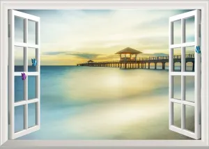 Fake Window Wall Mural Sticker Sunset Mexico Beach Decal Faux Window Poster Picture Office Wall Art Decor, Stick and Peel Natural Scenery Scene （48"x32",Set of 2 Sheets）