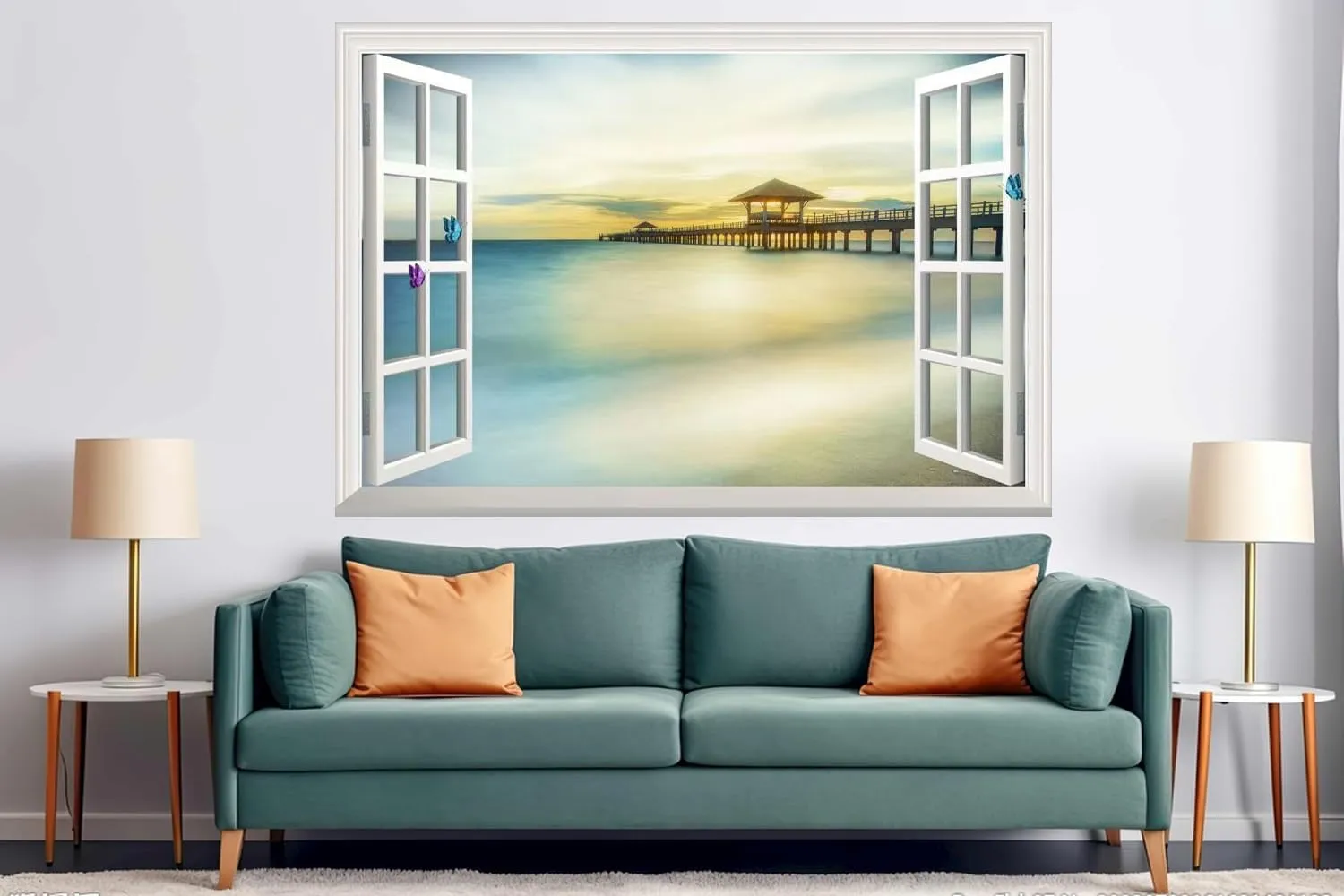 Fake Window Wall Mural Sticker Sunset Mexico Beach Decal Faux Window Poster Picture Office Wall Art Decor, Stick and Peel Natural Scenery Scene （48"x32",Set of 2 Sheets）