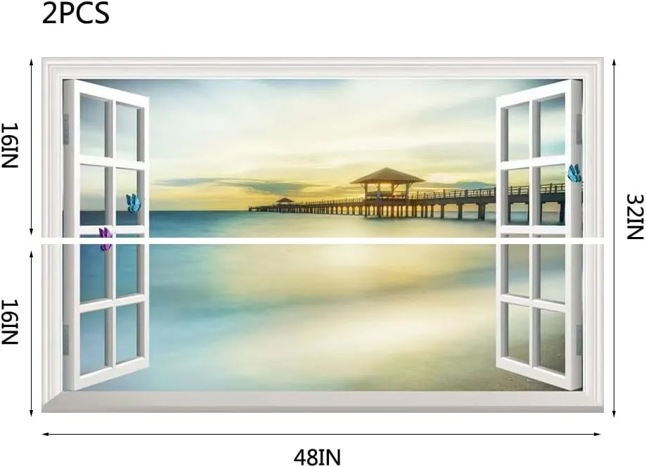 Fake Window Wall Mural Sticker Sunset Mexico Beach Decal Faux Window Poster Picture Office Wall Art Decor, Stick and Peel Natural Scenery Scene （48"x32",Set of 2 Sheets）