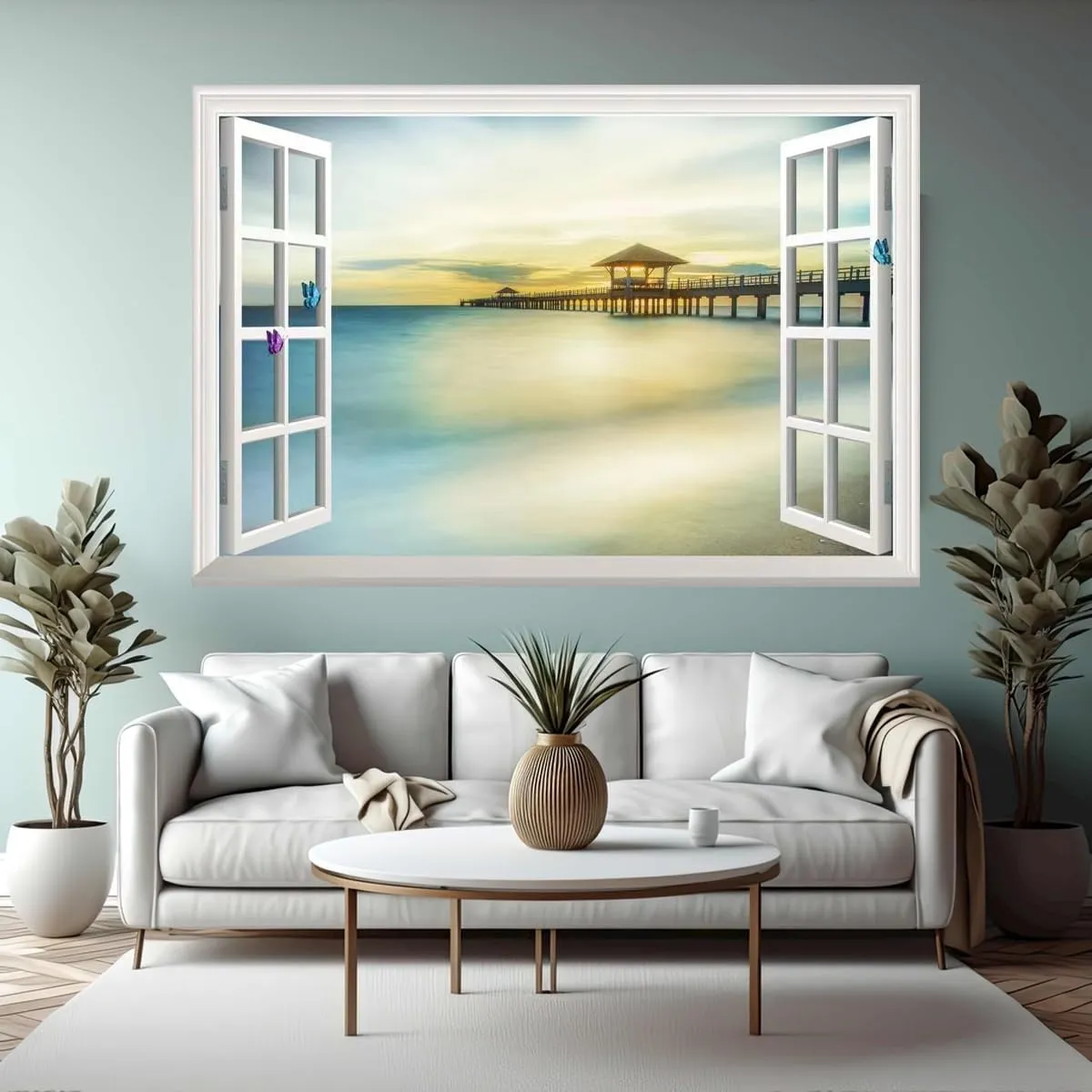 Fake Window Wall Mural Sticker Sunset Mexico Beach Decal Faux Window Poster Picture Office Wall Art Decor, Stick and Peel Natural Scenery Scene （48"x32",Set of 2 Sheets）