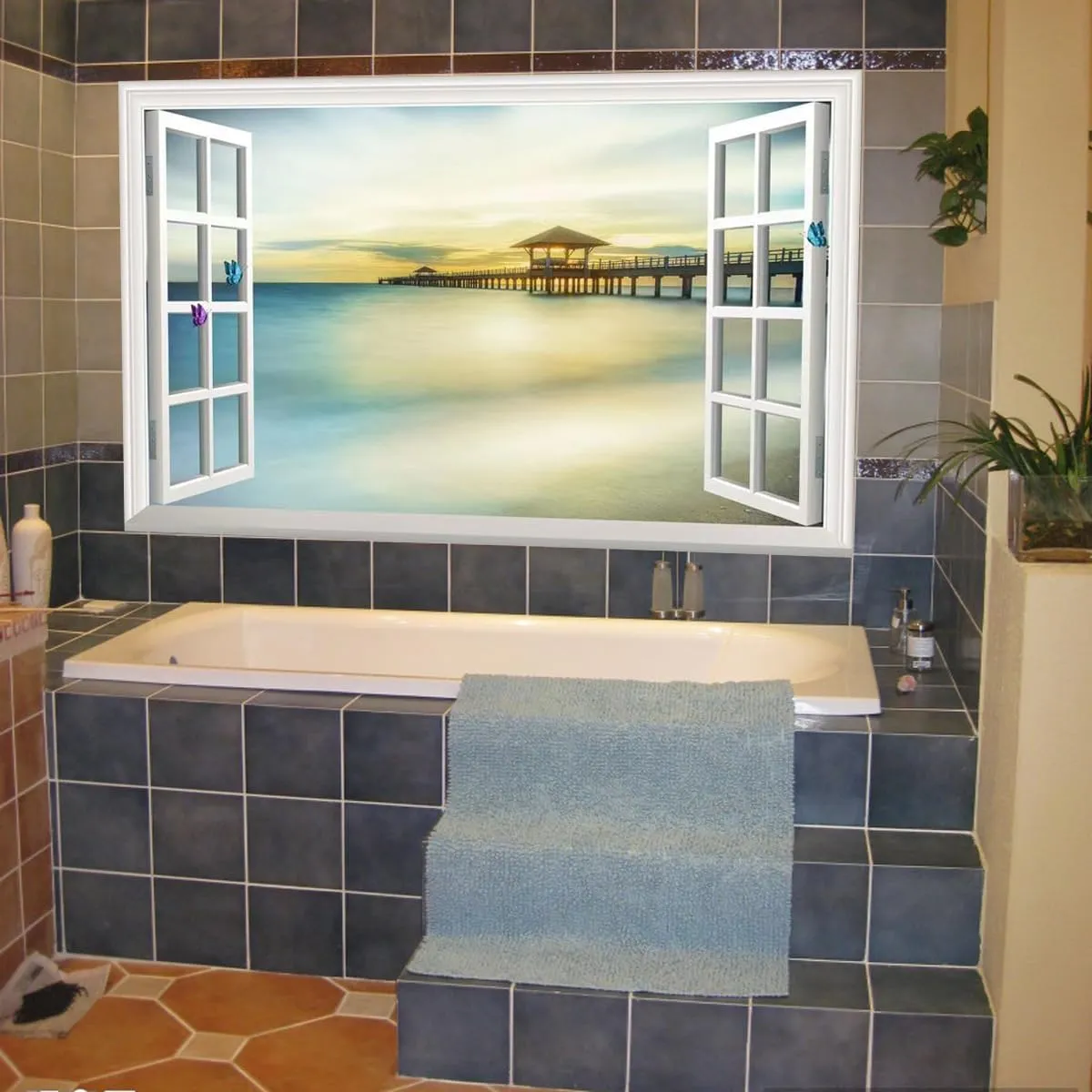 Fake Window Wall Mural Sticker Sunset Mexico Beach Decal Faux Window Poster Picture Office Wall Art Decor, Stick and Peel Natural Scenery Scene （48"x32",Set of 2 Sheets）