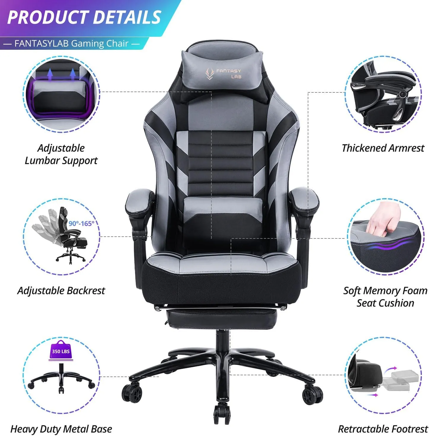 Fantasylab Big and Tall Gaming Chair with Footrest 400lbs Massage Gamer Chair with Memory Foam Adjustable Tilt Back Angle & Armrest, High Back Leather Computer Office Chair