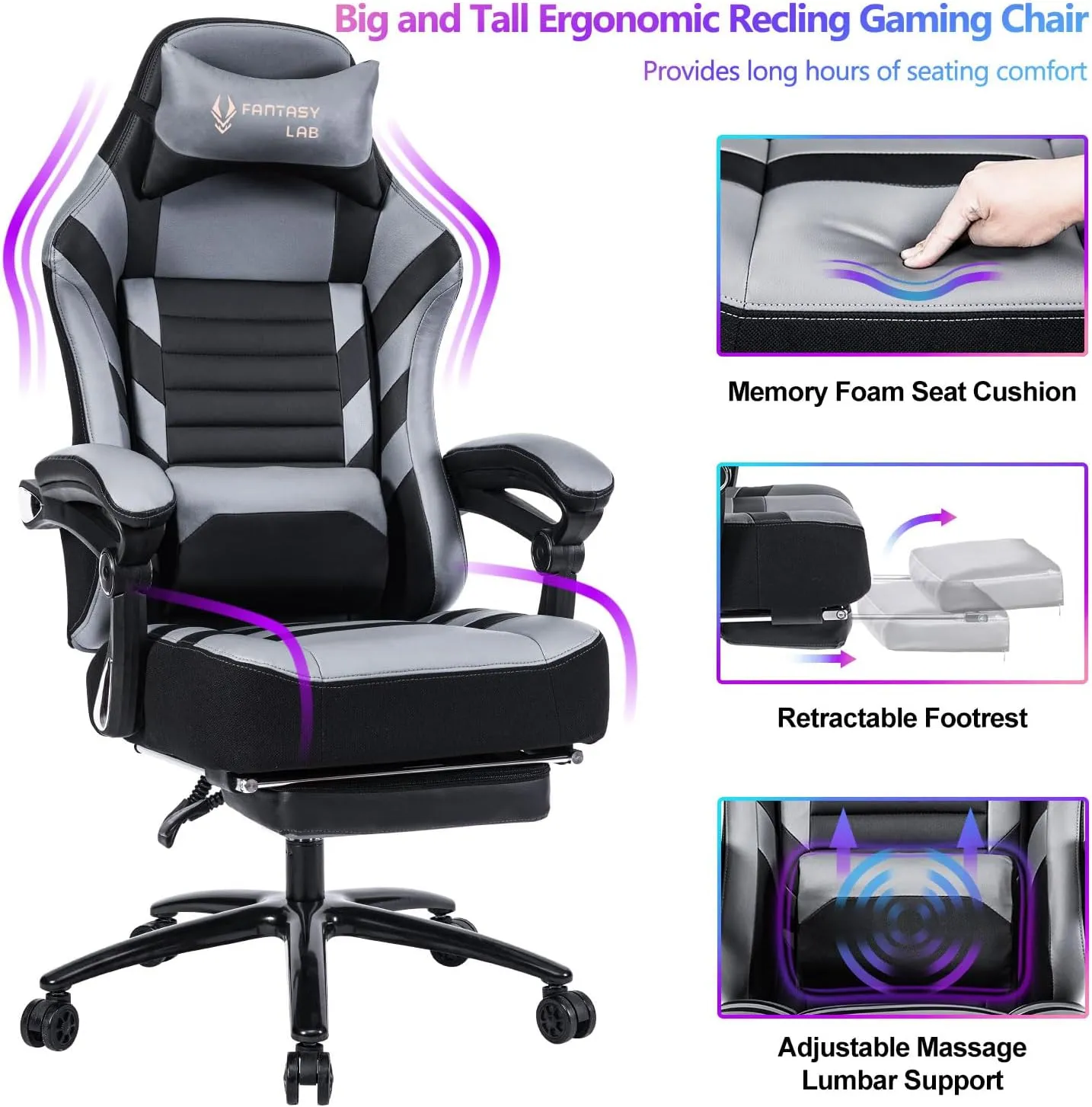 Fantasylab Big and Tall Gaming Chair with Footrest 400lbs Massage Gamer Chair with Memory Foam Adjustable Tilt Back Angle & Armrest, High Back Leather Computer Office Chair