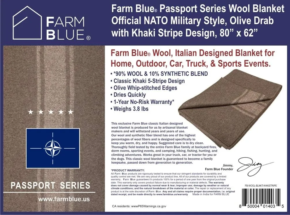 Farm Blue Wool Blanket Military Style - Thick & Lightweight Army Camping Blankets as a Survival Blankets, Car, Hiking 55% Wool 45% Blended Fibers (OD/Khaki Stripe 62" x 80" x 0.15")