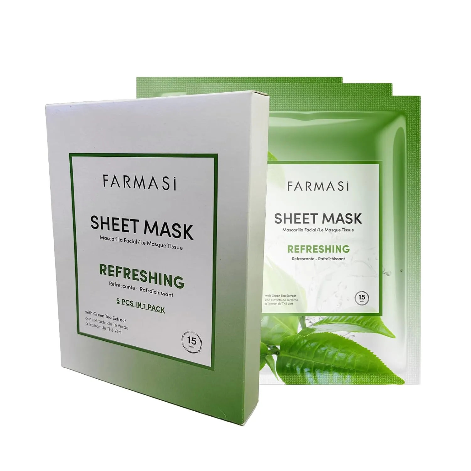 FARMASi Green Tea Refreshing Sheet Mask Set – 5 pcs – Purifying and Moisturizing Fabric Face Masks for Energized, Balanced Skin – Skincare for Women and Men