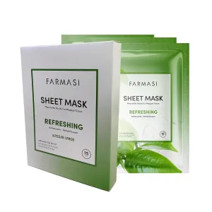 FARMASi Green Tea Refreshing Sheet Mask Set – 5 pcs – Purifying and Moisturizing Fabric Face Masks for Energized, Balanced Skin – Skincare for Women and Men