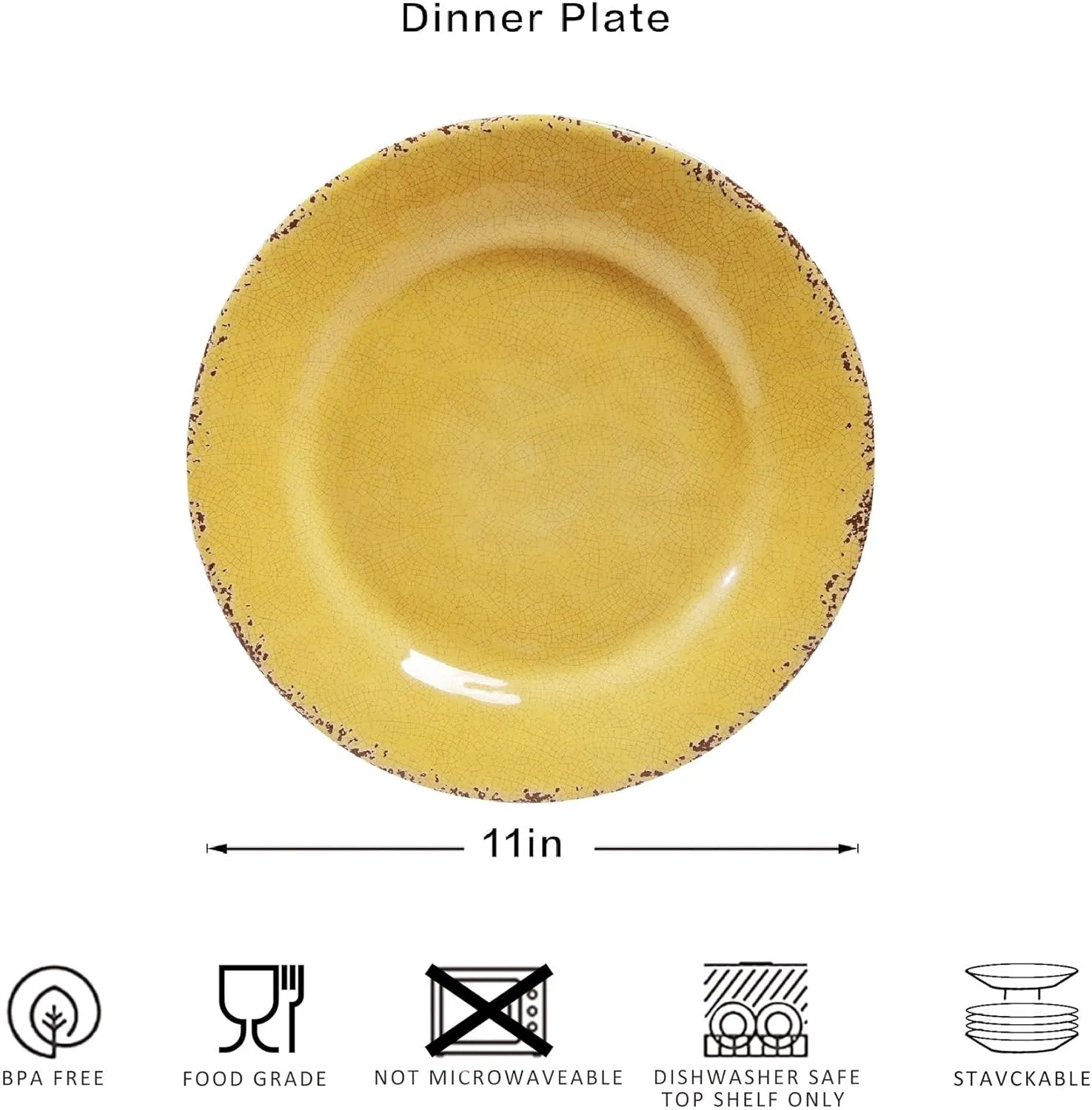 Farmhouse Melamine Dinner Plate Set, 6 Piece 11-inch Chip Resistant, Lightweight Round Kitchen Plates Set for Salad, Pasta –Unbreakable RV, Camping Dining Serving Dishes for Parties, Yellow…