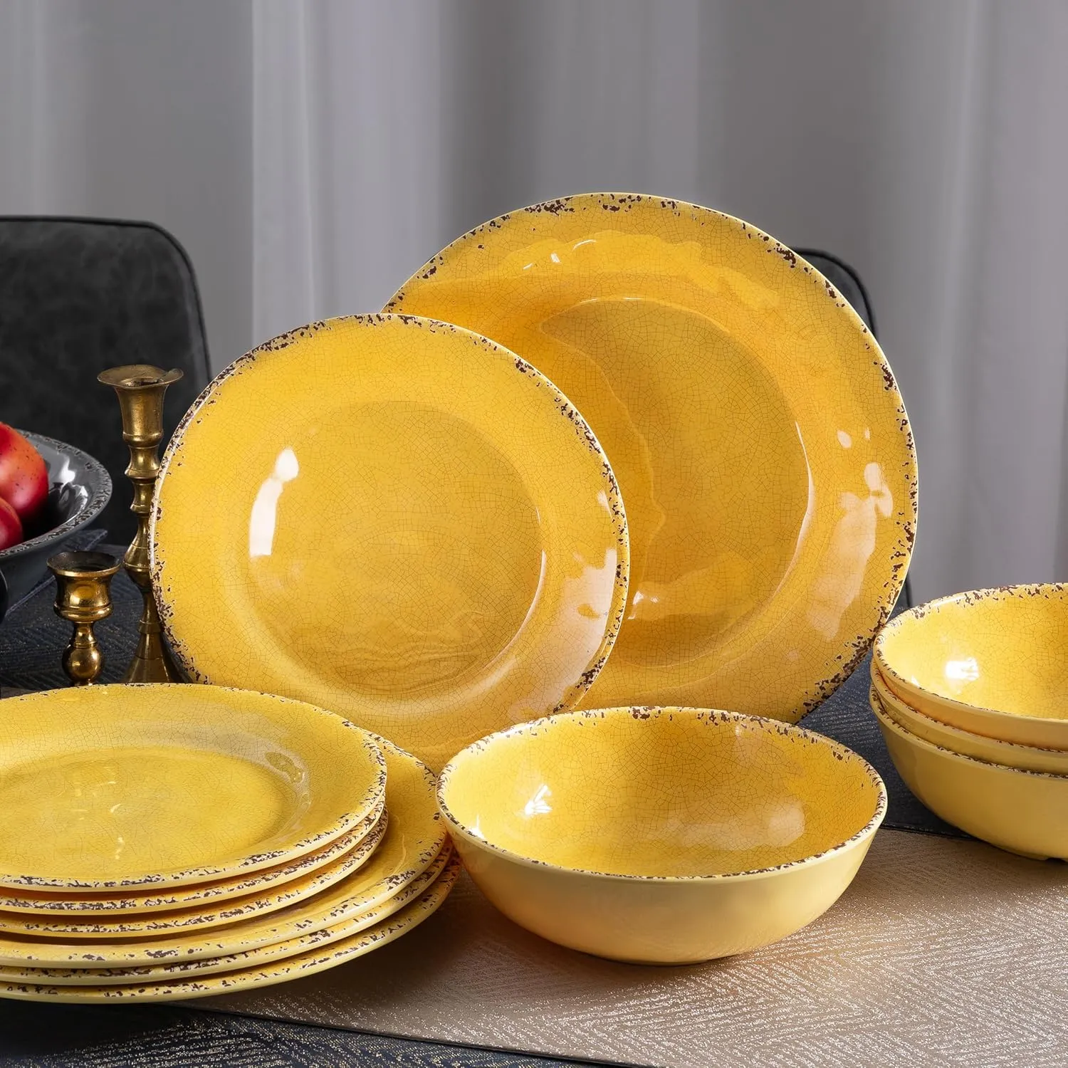 Farmhouse Melamine Dinner Plate Set, 6 Piece 11-inch Chip Resistant, Lightweight Round Kitchen Plates Set for Salad, Pasta –Unbreakable RV, Camping Dining Serving Dishes for Parties, Yellow…
