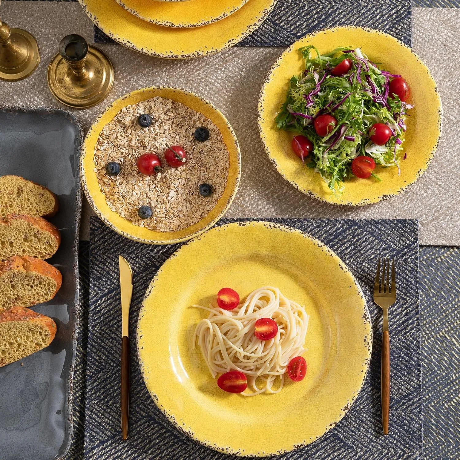 Farmhouse Melamine Dinner Plate Set, 6 Piece 11-inch Chip Resistant, Lightweight Round Kitchen Plates Set for Salad, Pasta –Unbreakable RV, Camping Dining Serving Dishes for Parties, Yellow…