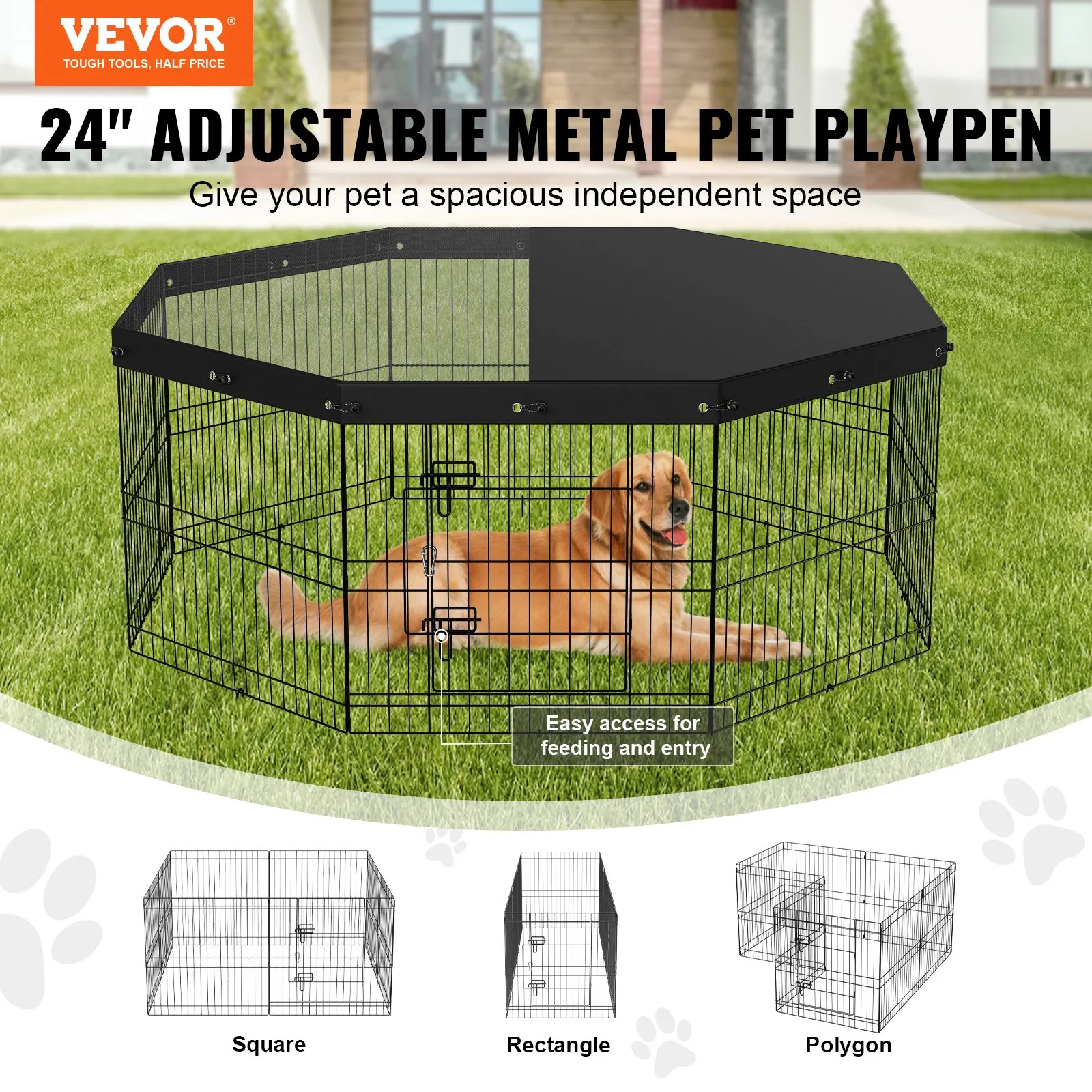 (FINAL PRICES ARE LOWER ON OUR SITE!) VEVOR Dog Playpen, 8 Panels Foldable Metal Dog Exercise Pen with Top Cover, 24" H Pet Fence Puppy Crate Kennel with Ground Stakes, Indoor Outdoor Dog Pen for Small Medium Pets, for Camping, Yard