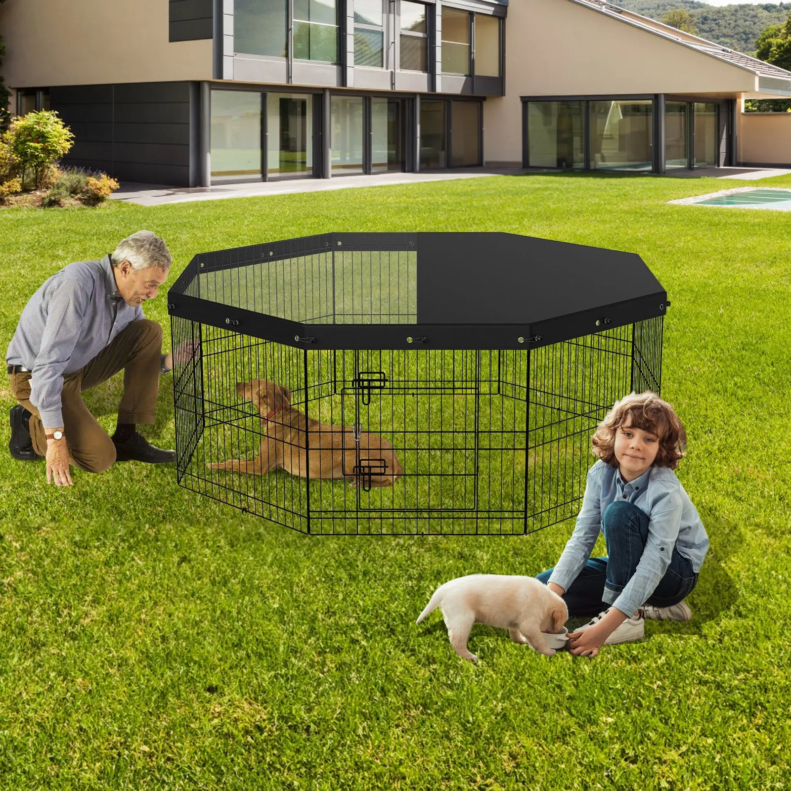 (FINAL PRICES ARE LOWER ON OUR SITE!) VEVOR Dog Playpen, 8 Panels Foldable Metal Dog Exercise Pen with Top Cover, 24" H Pet Fence Puppy Crate Kennel with Ground Stakes, Indoor Outdoor Dog Pen for Small Medium Pets, for Camping, Yard