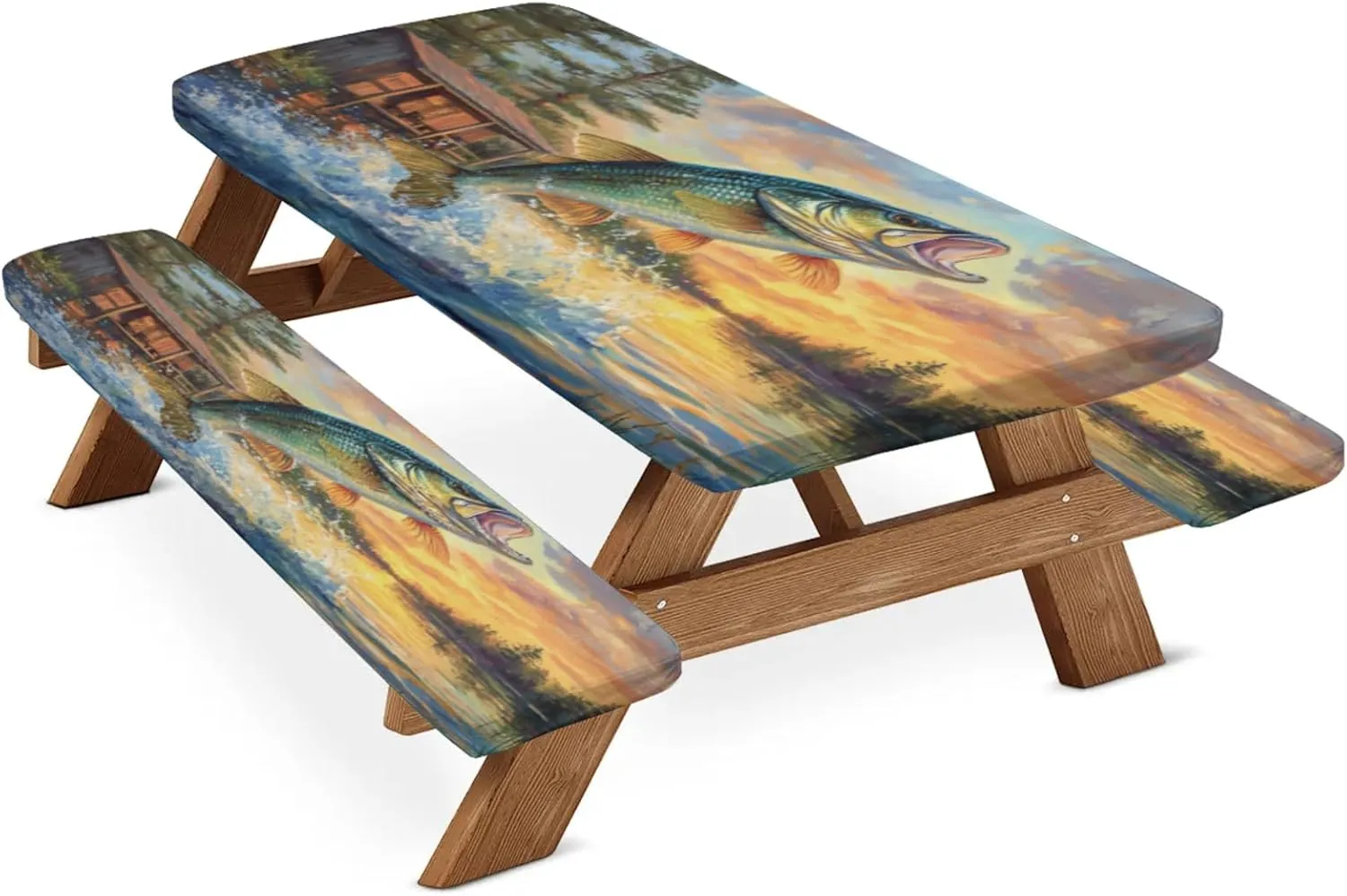 Fish Jumping Out of Lake Picnic Table Cover with Bench Covers, Fitted Camping Tablecloth with Elastic Edges, 3 Pcs Set Outdoor Waterproof Rectangle Table Cloth
